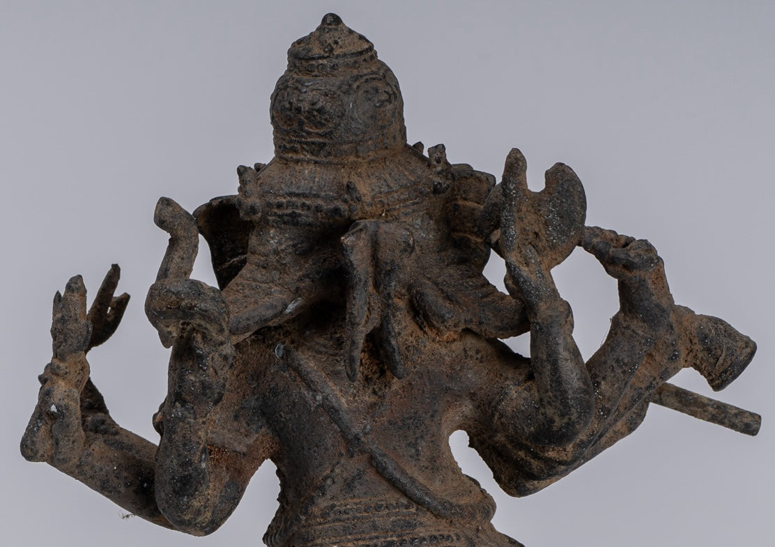 Ganesha Statue - Antique Javanese Style Bronze Dancing Indonesian Ganesha Statue Playing Flute - 29cm/12"