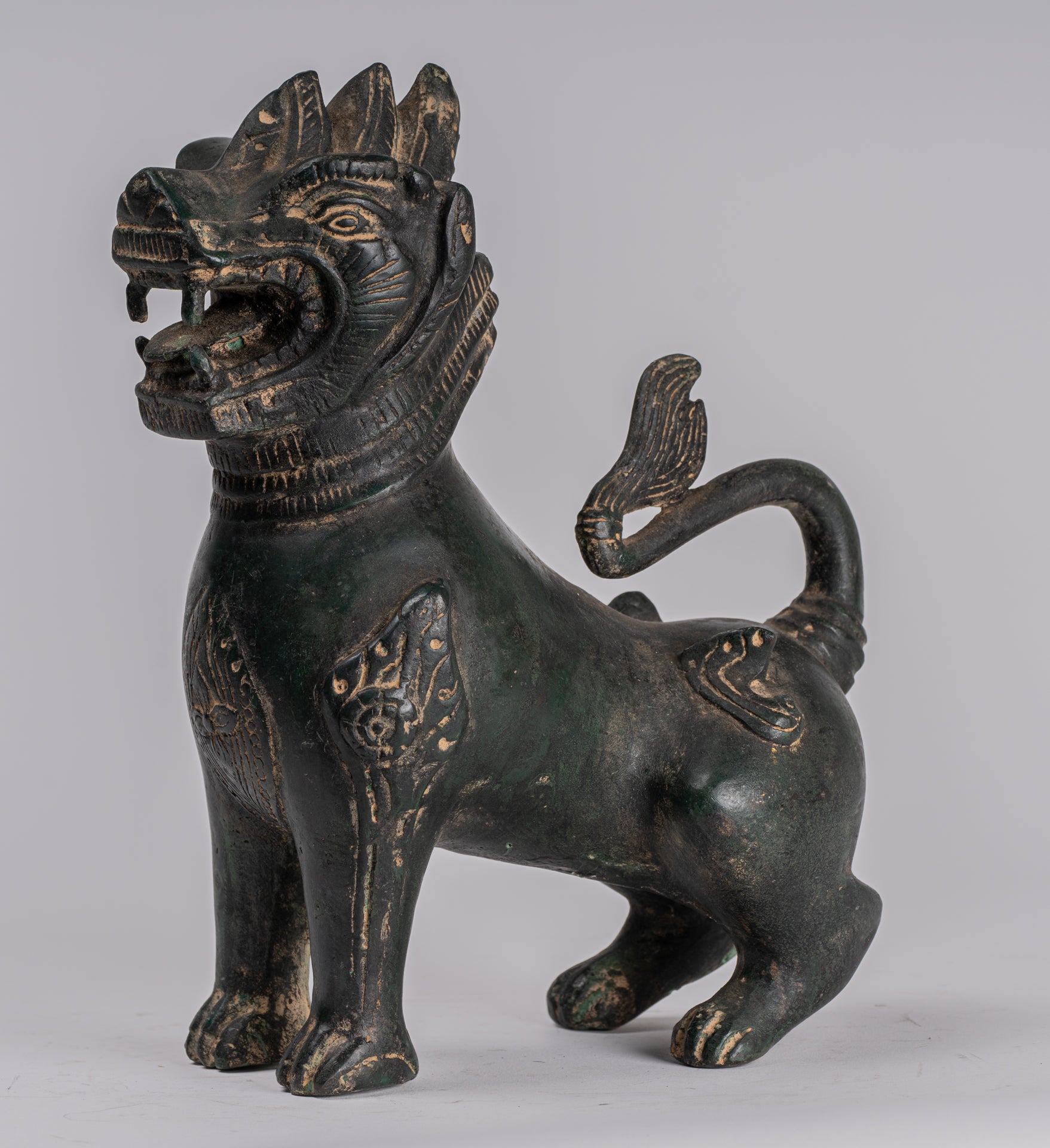 Antique Burmese Style Bronze Standing Chinthe Guardian Temple Lions - 24cm/10" (Pair)