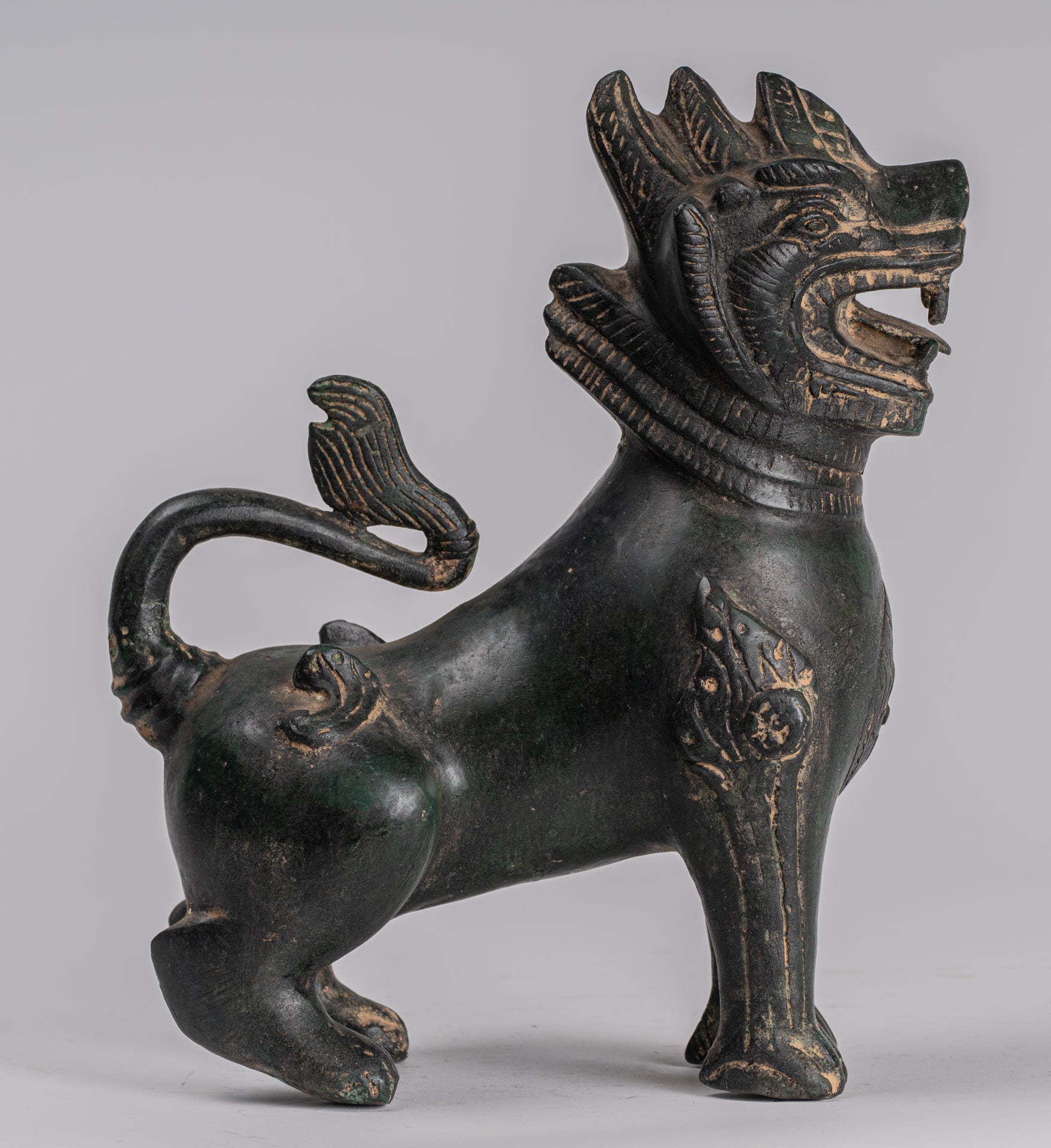 Antique Burmese Style Bronze Standing Chinthe Guardian Temple Lions - 24cm/10" (Pair)