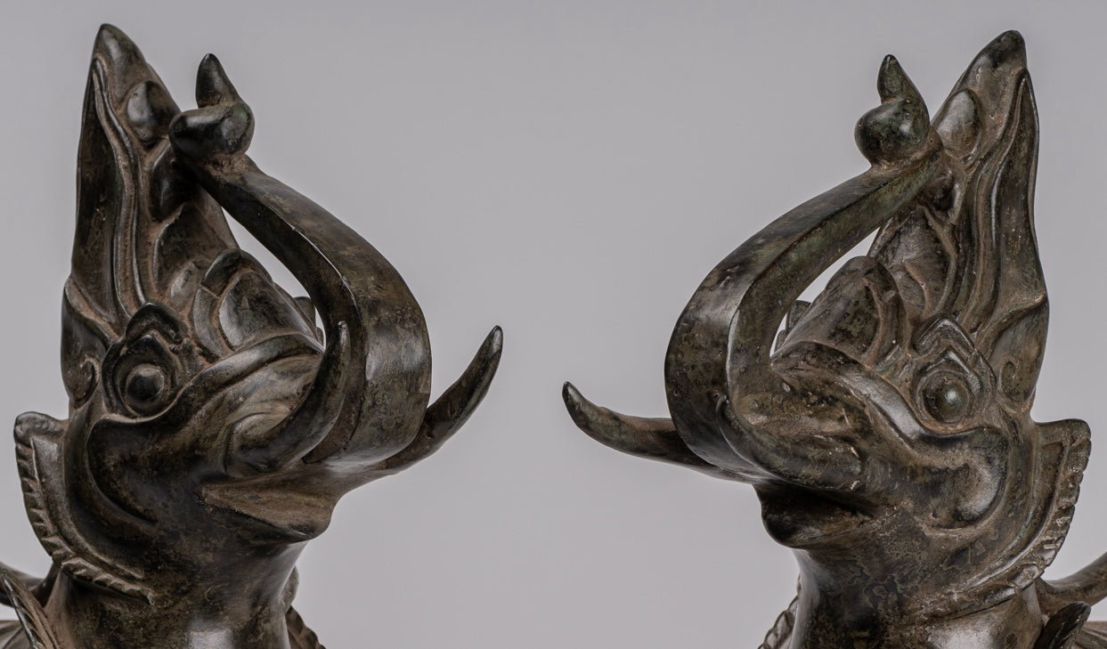 Antique Burmese Style Bronze Standing Chinthe Guardian Temple Lions (Pair) - 29cm/12"