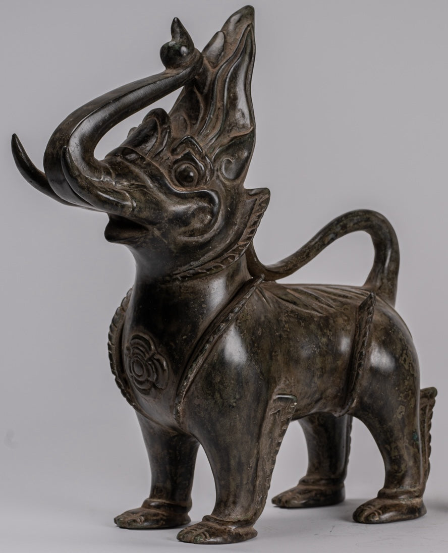 Antique Burmese Style Bronze Standing Chinthe Guardian Temple Lions (Pair) - 29cm/12"