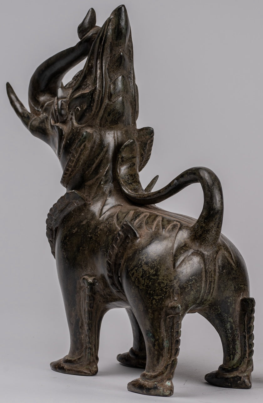 Antique Burmese Style Bronze Standing Chinthe Guardian Temple Lions (Pair) - 29cm/12"