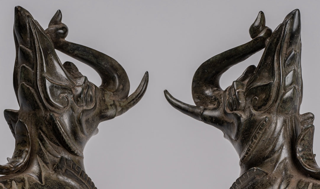 Antique Burmese Style Bronze Standing Chinthe Guardian Temple Lions (Pair) - 29cm/12"