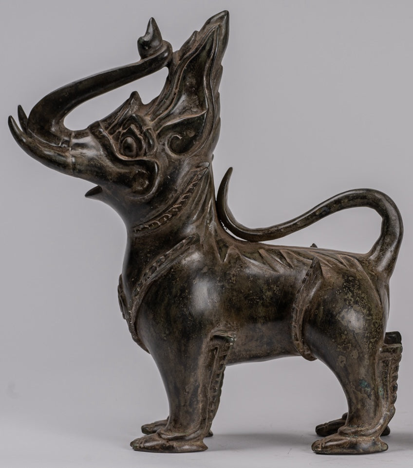 Antique Burmese Style Bronze Standing Chinthe Guardian Temple Lions (Pair) - 29cm/12"