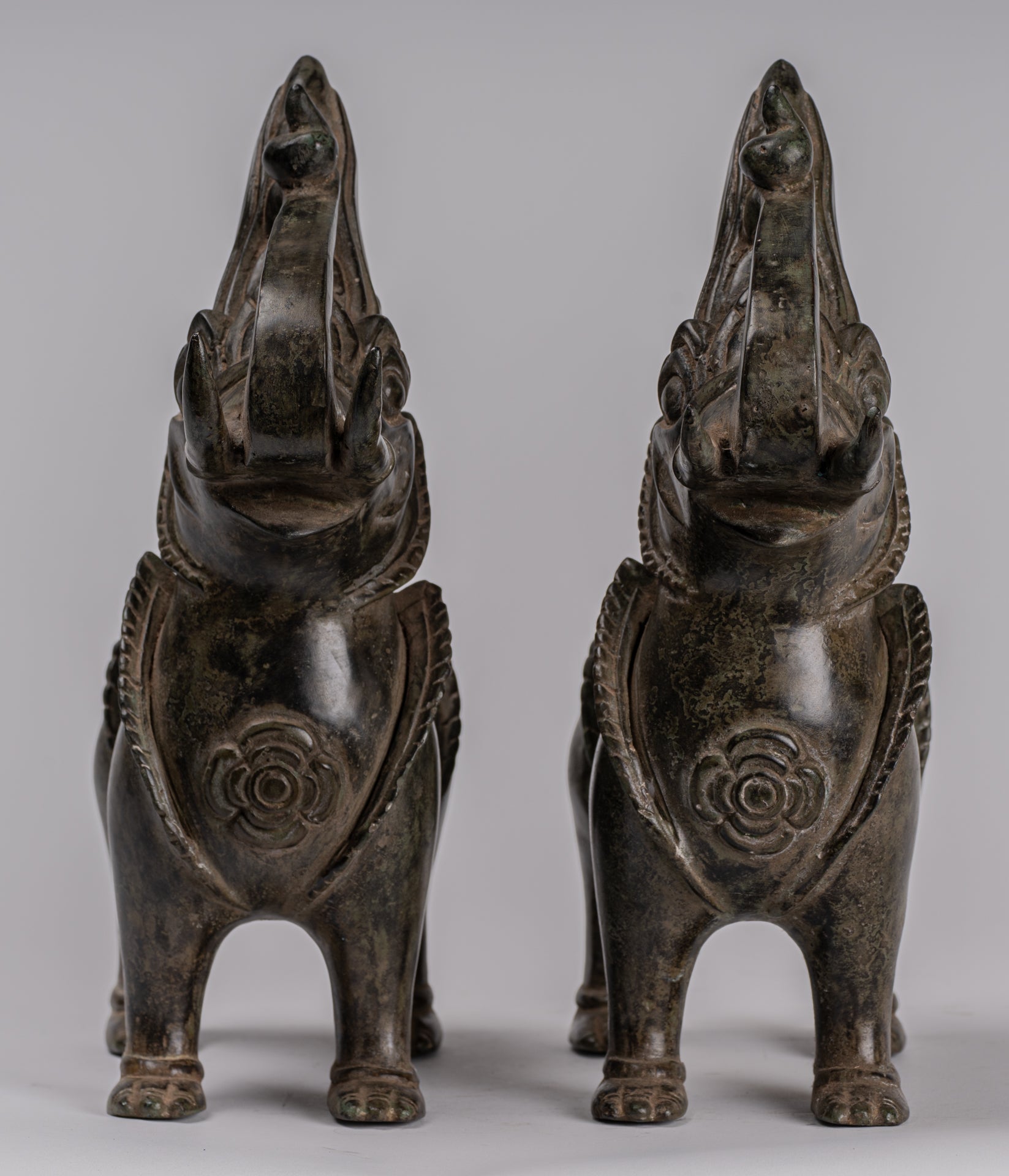 Antique Burmese Style Bronze Standing Chinthe Guardian Temple Lions (Pair) - 29cm/12"