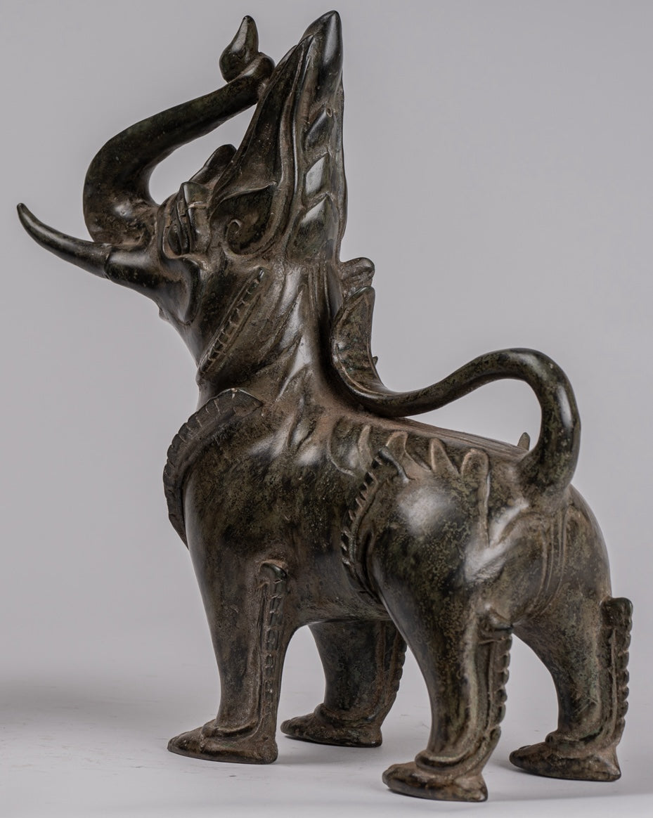 Antique Burmese Style Bronze Standing Chinthe Guardian Temple Lions (Pair) - 29cm/12"