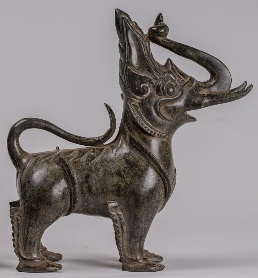 Antique Burmese Style Bronze Standing Chinthe Guardian Temple Lions (Pair) - 29cm/12"