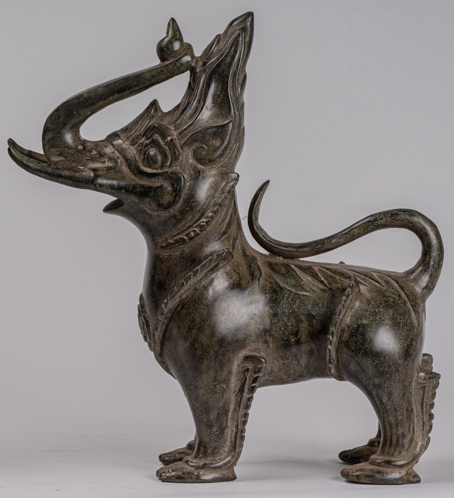 Antique Burmese Style Bronze Standing Chinthe Guardian Temple Lions (Pair) - 29cm/12"