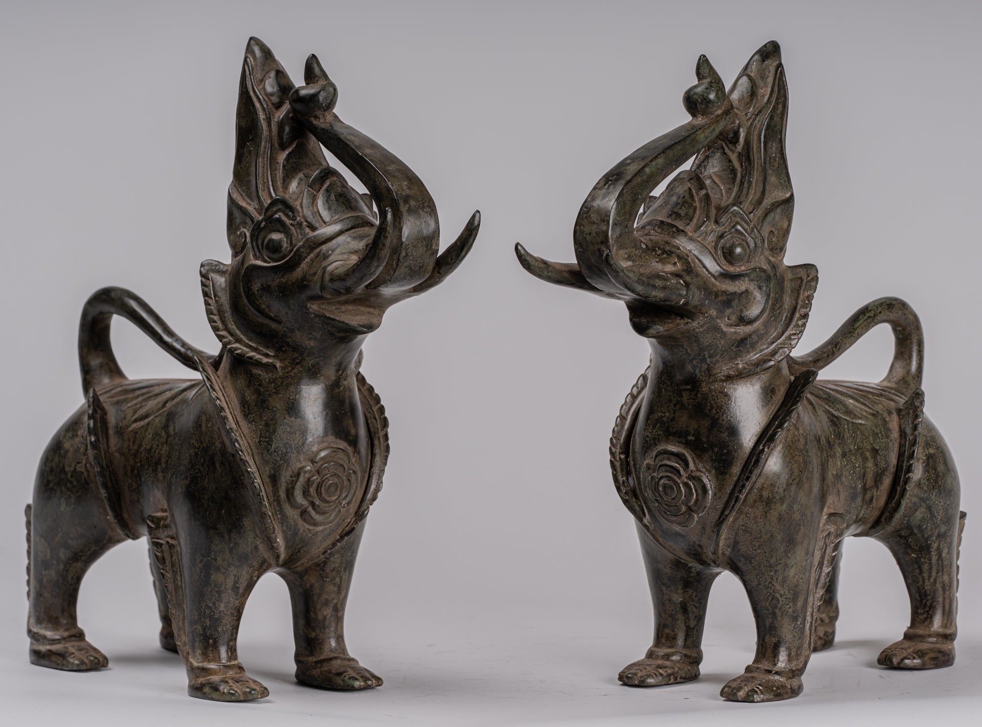 Antique Burmese Style Bronze Standing Chinthe Guardian Temple Lions (Pair) - 29cm/12"