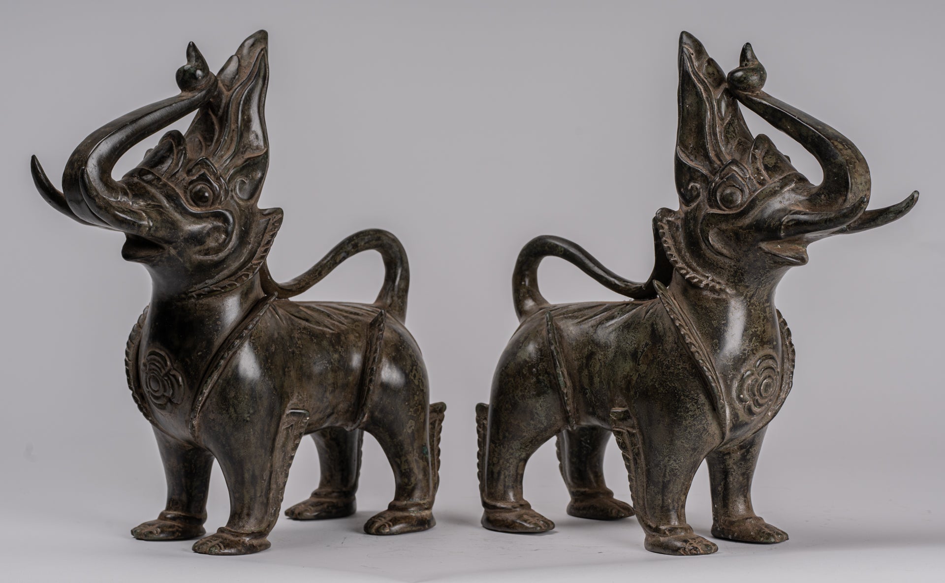 Antique Burmese Style Bronze Standing Chinthe Guardian Temple Lions (Pair) - 29cm/12"