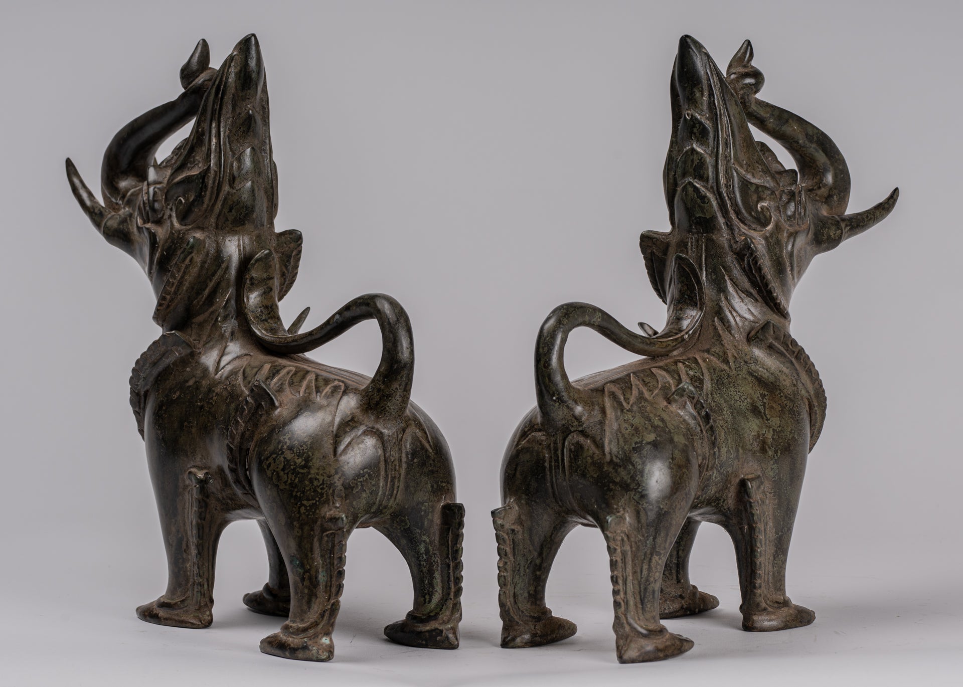 Antique Burmese Style Bronze Standing Chinthe Guardian Temple Lions (Pair) - 29cm/12"