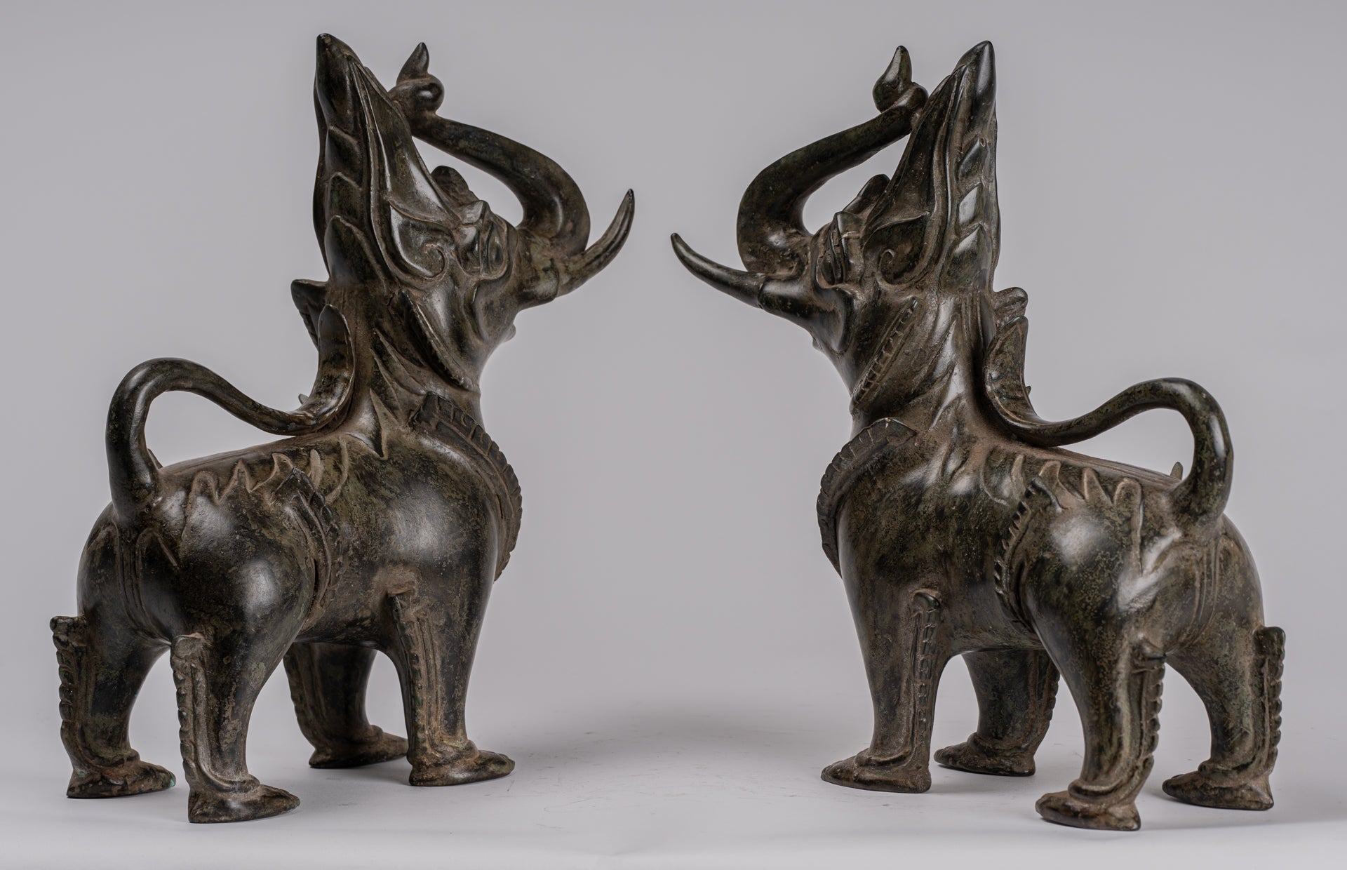 Antique Burmese Style Bronze Standing Chinthe Guardian Temple Lions (Pair) - 29cm/12"