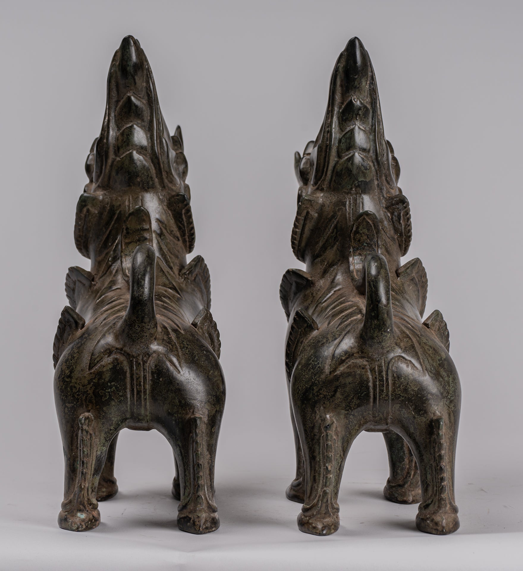 Antique Burmese Style Bronze Standing Chinthe Guardian Temple Lions (Pair) - 29cm/12"