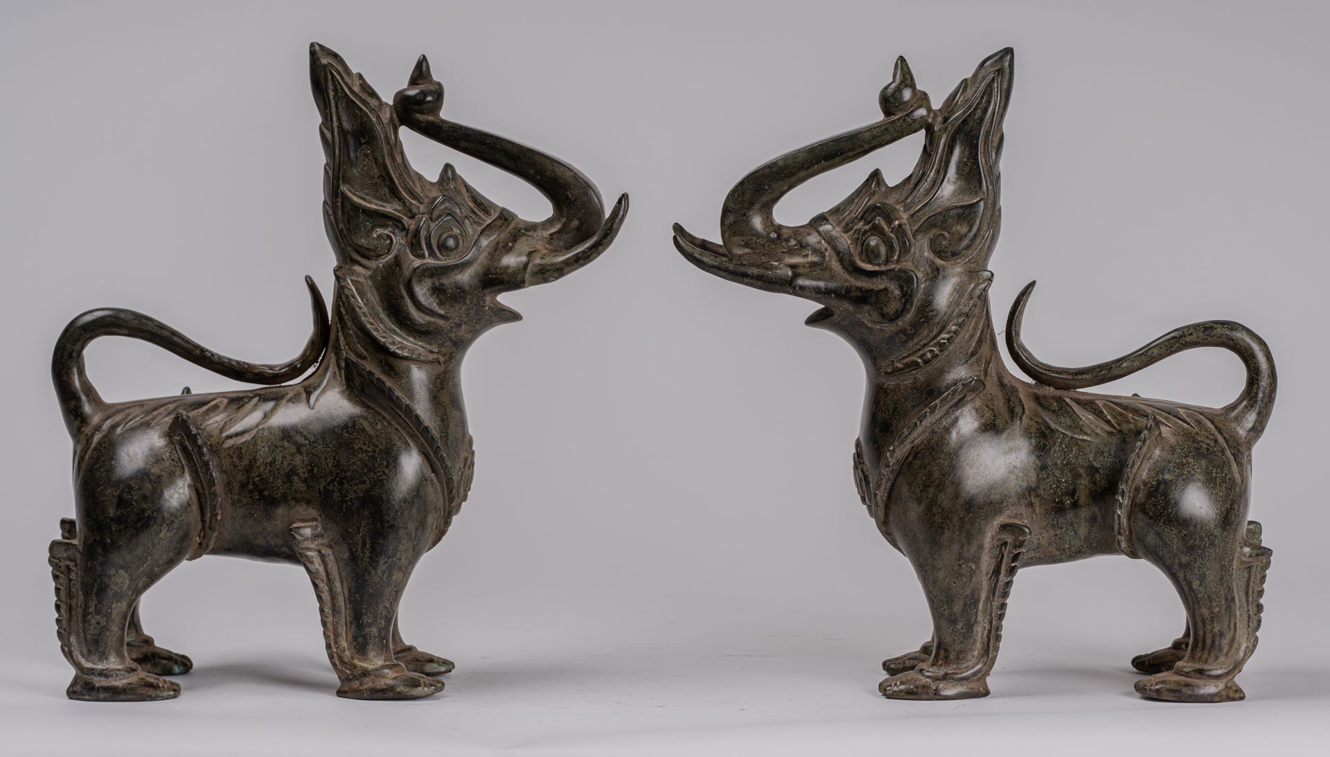 Antique Burmese Style Bronze Standing Chinthe Guardian Temple Lions (Pair) - 29cm/12"