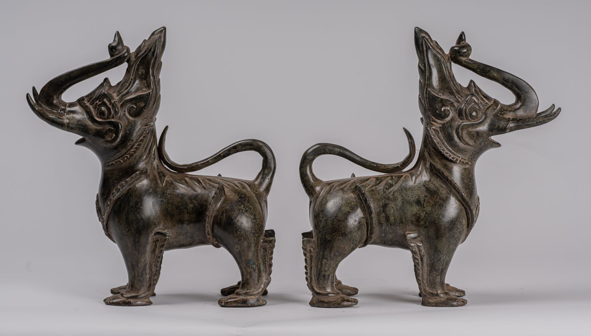 Antique Burmese Style Bronze Standing Chinthe Guardian Temple Lions (Pair) - 29cm/12"