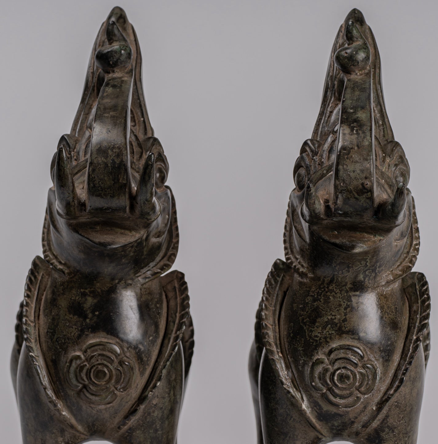 Antique Burmese Style Bronze Standing Chinthe Guardian Temple Lions (Pair) - 29cm/12"