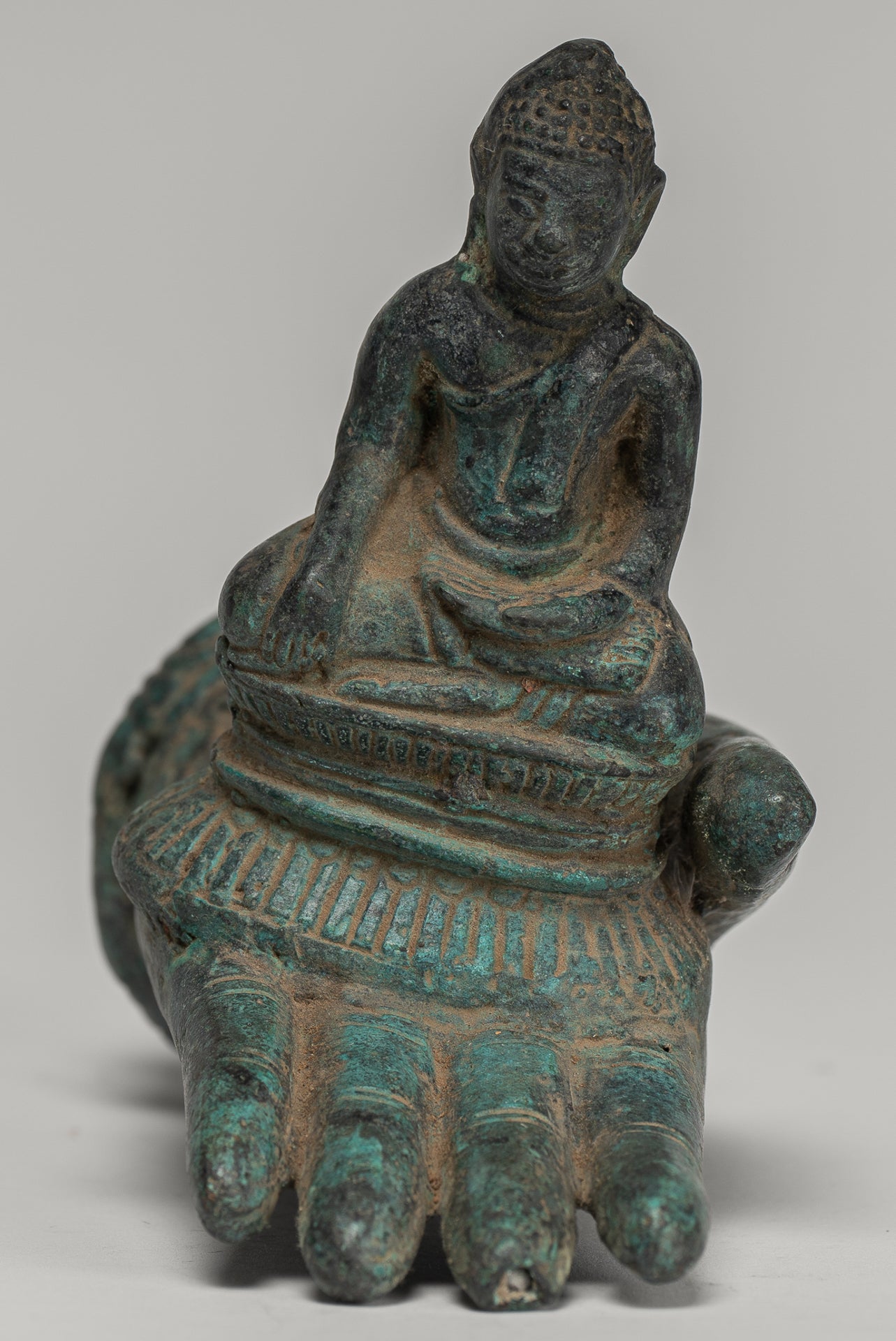 Freestanding Antique Khmer Style Bronze Hand & Buddha - 12cm/5"