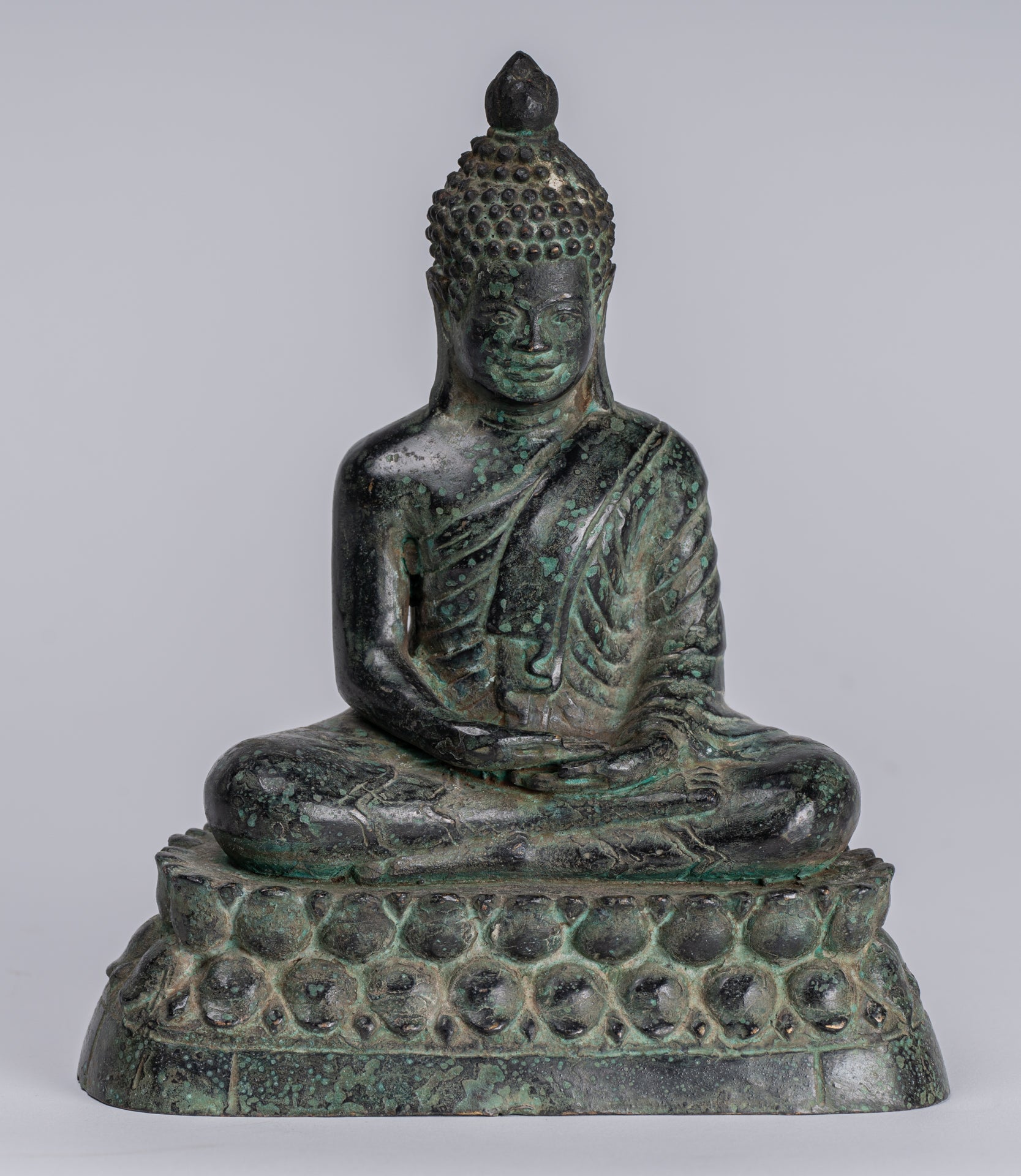 Buddha - Antique Khmer Style Bronze Enthroned Meditation Buddha Statue - 19cm/6"