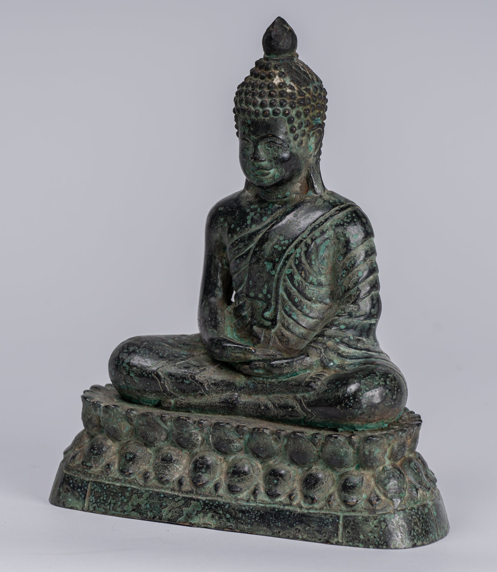 Buddha - Antique Khmer Style Bronze Enthroned Meditation Buddha Statue - 19cm/6"
