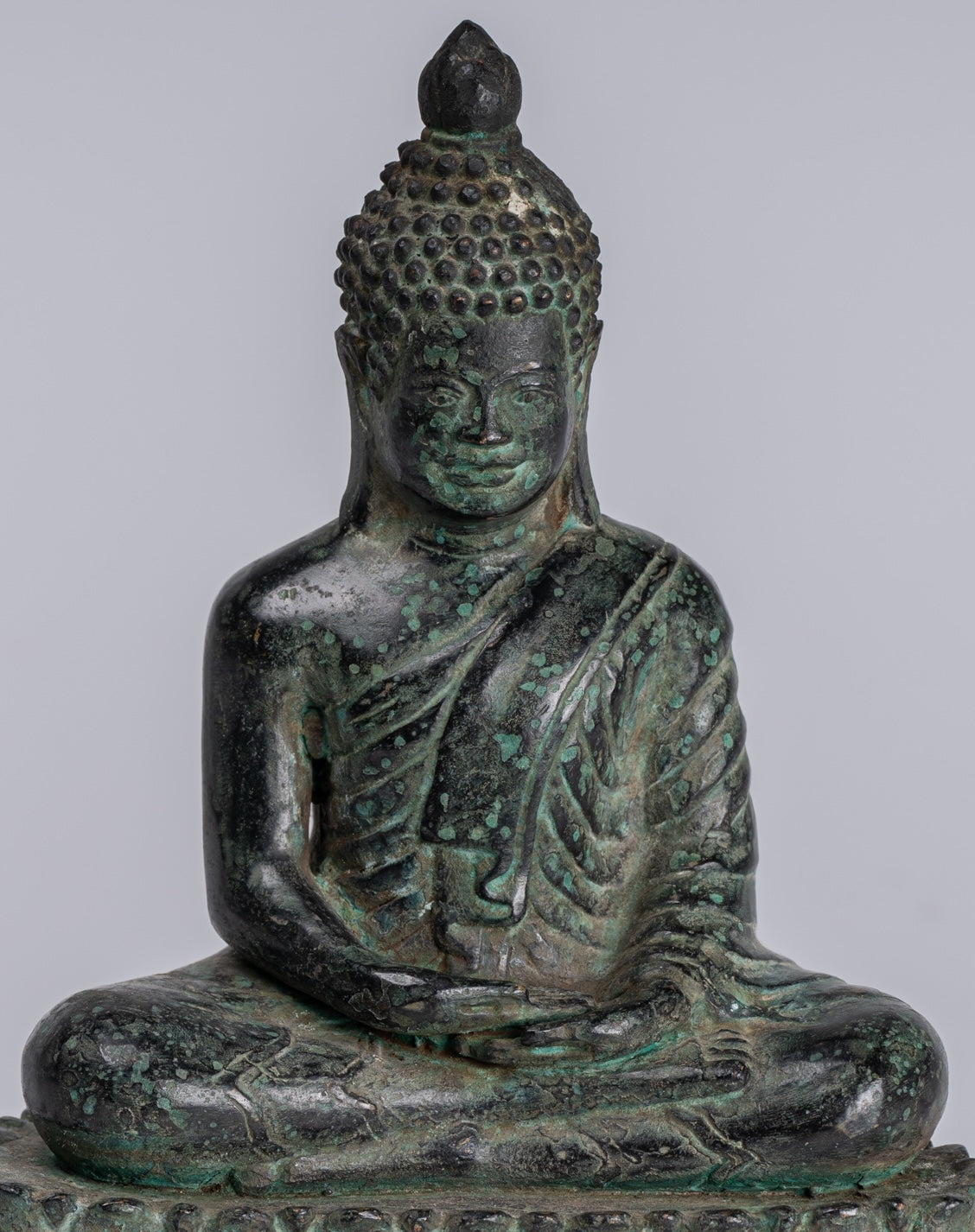 Buddha - Antique Khmer Style Bronze Enthroned Meditation Buddha Statue - 19cm/6"