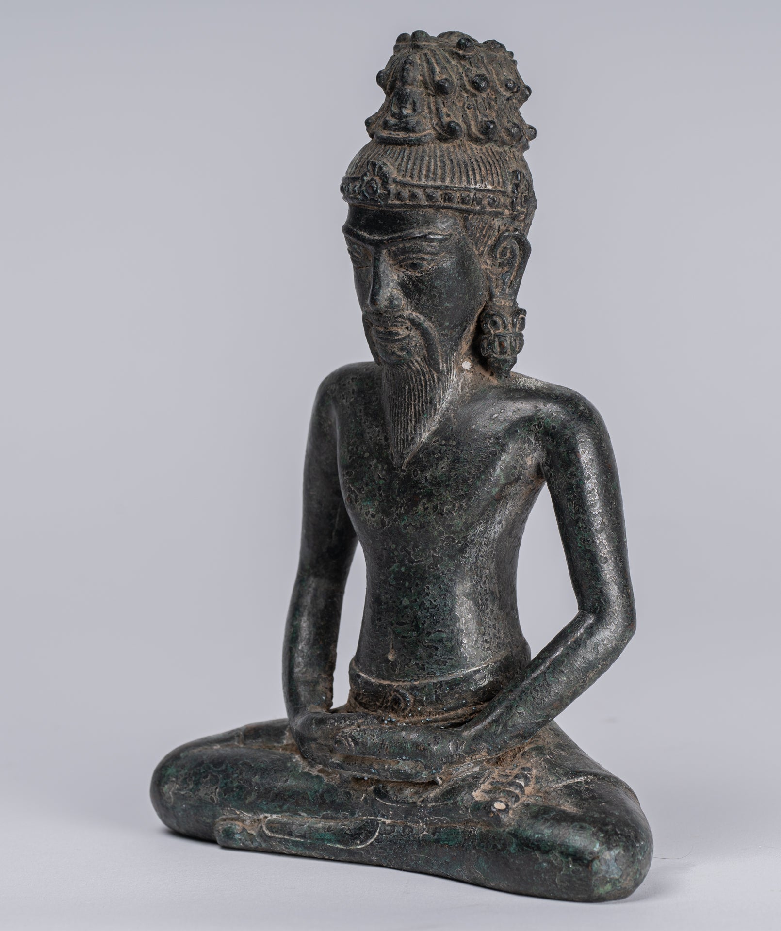 Rishi Statue - Antique Khmer Style Seated Bronze Rishi or Wise Man - 17cm/7"