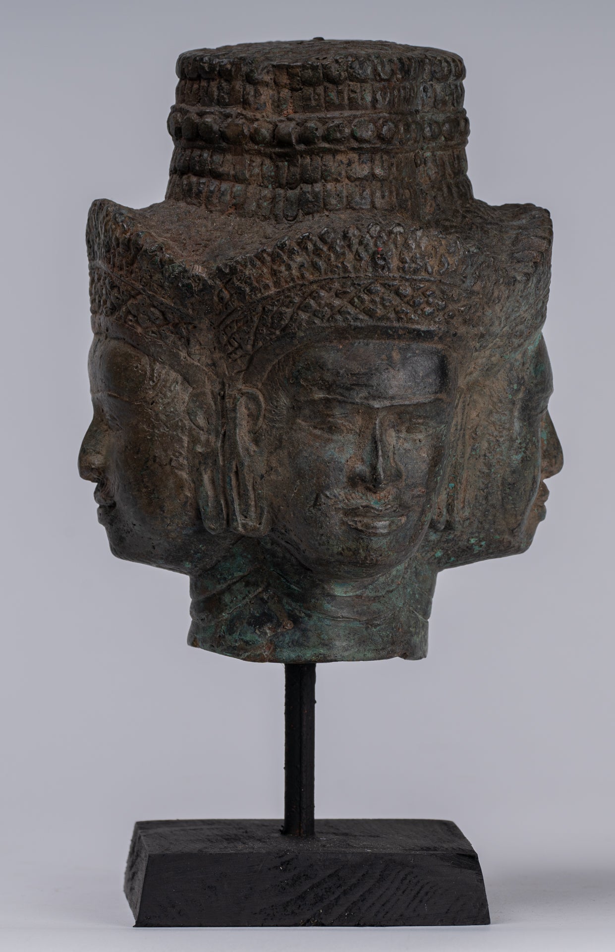 Estatua de Brahma - Cabeza de bronce de bronce montado en el estilo jemer antiguo - Creación de dios hindú - 24 cm/10 "