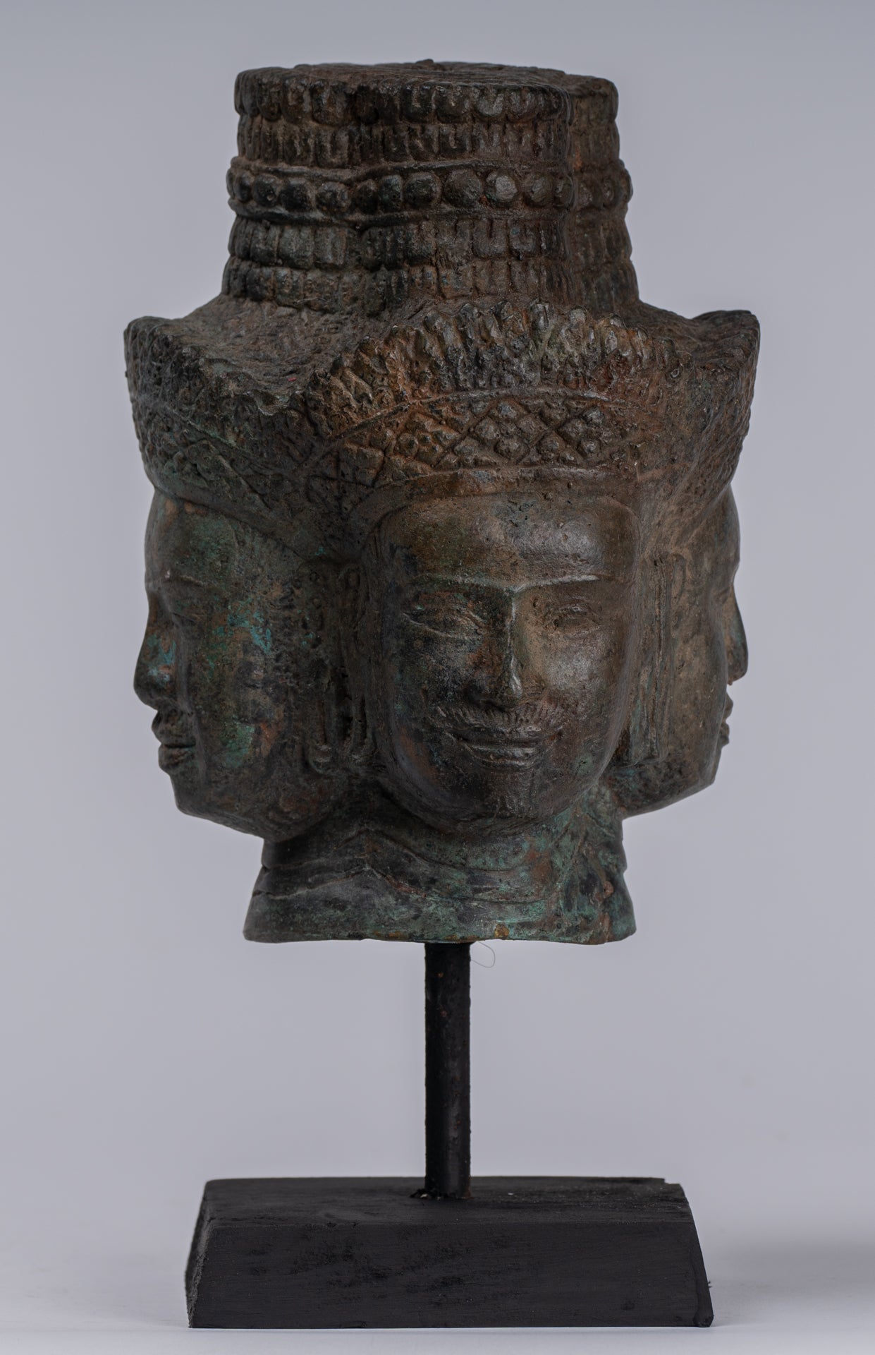 Estatua de Brahma - Cabeza de bronce de bronce montado en el estilo jemer antiguo - Creación de dios hindú - 24 cm/10 "