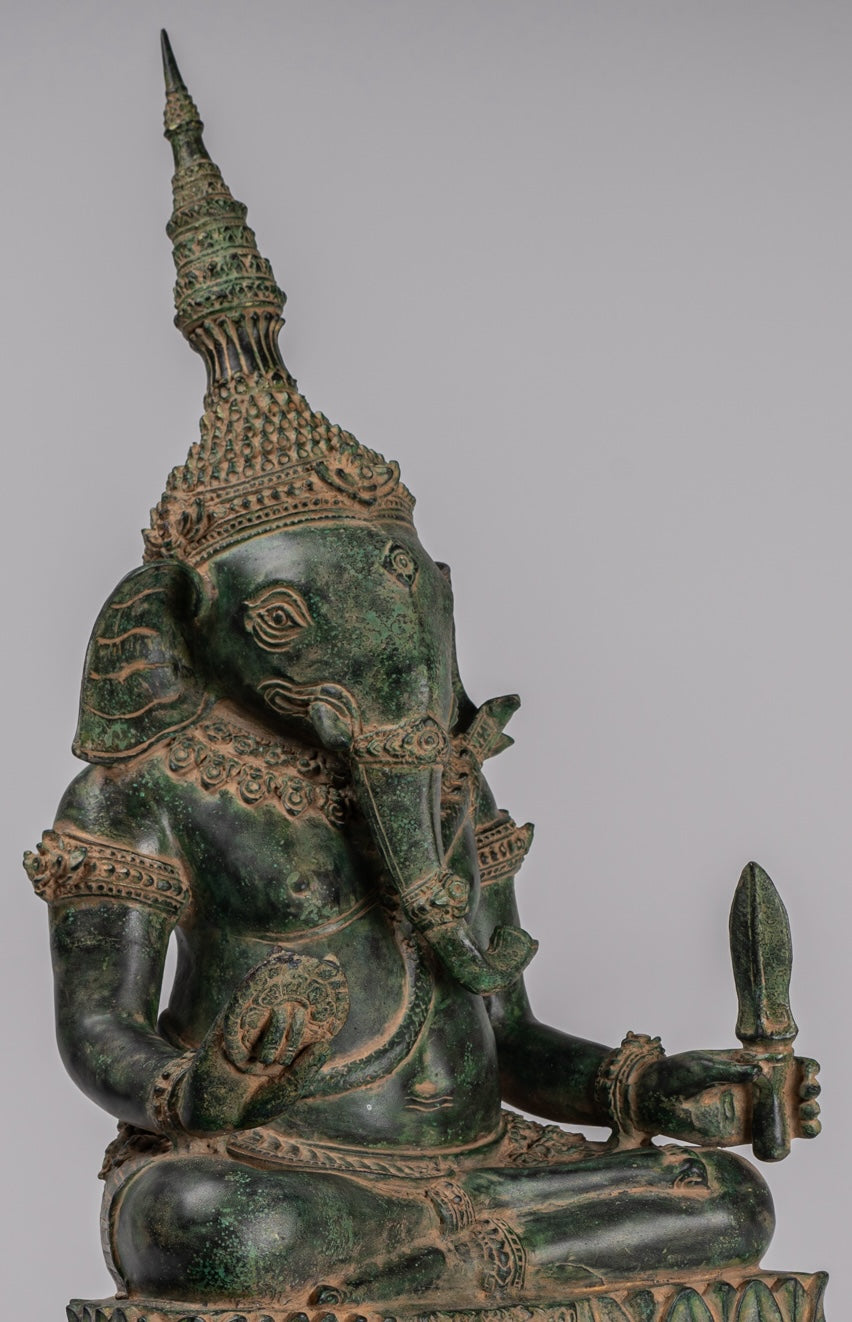 Ganesha Statue - Antique Khmer Style Bronze Seated Ganesh Statue - 60cm/24"