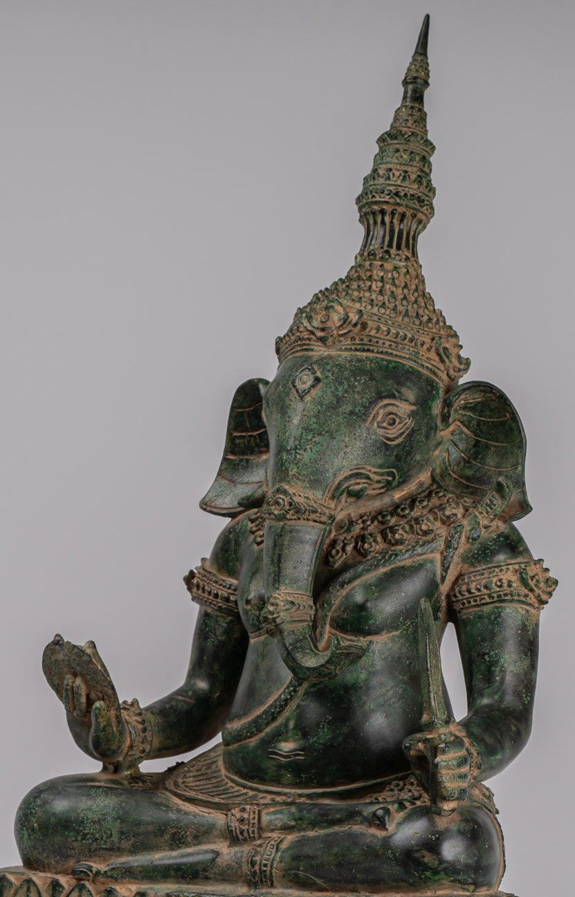 Ganesha Statue - Antique Khmer Style Bronze Seated Ganesh Statue - 60cm/24"