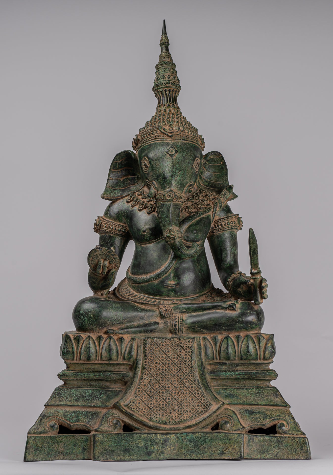 Ganesha Statue - Antique Khmer Style Bronze Seated Ganesh Statue - 60cm/24"
