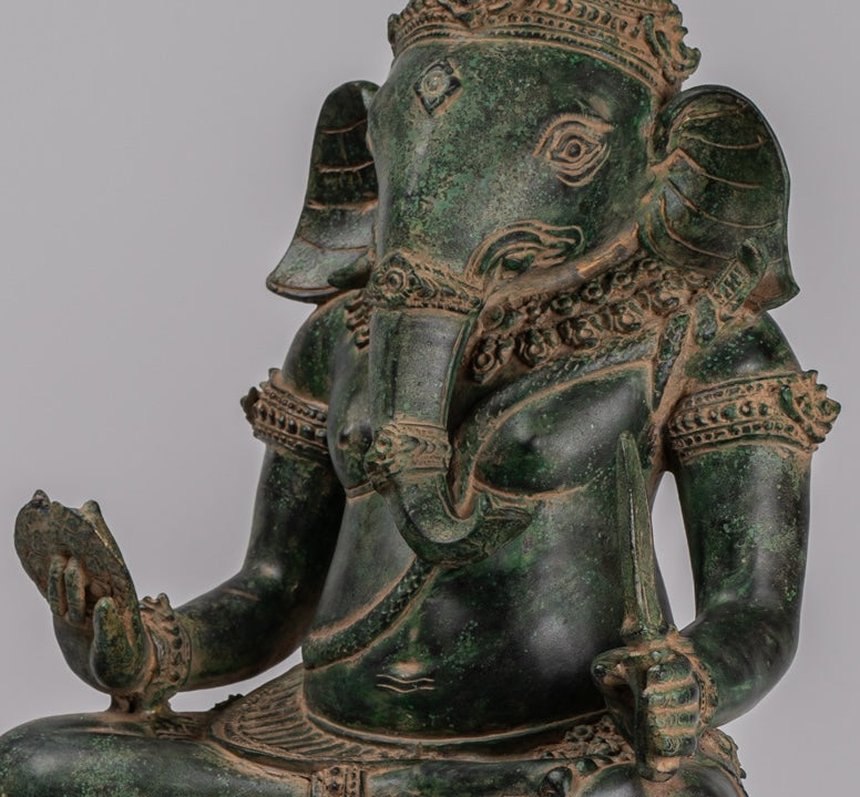 Ganesha Statue - Antique Khmer Style Bronze Seated Ganesh Statue - 60cm/24"