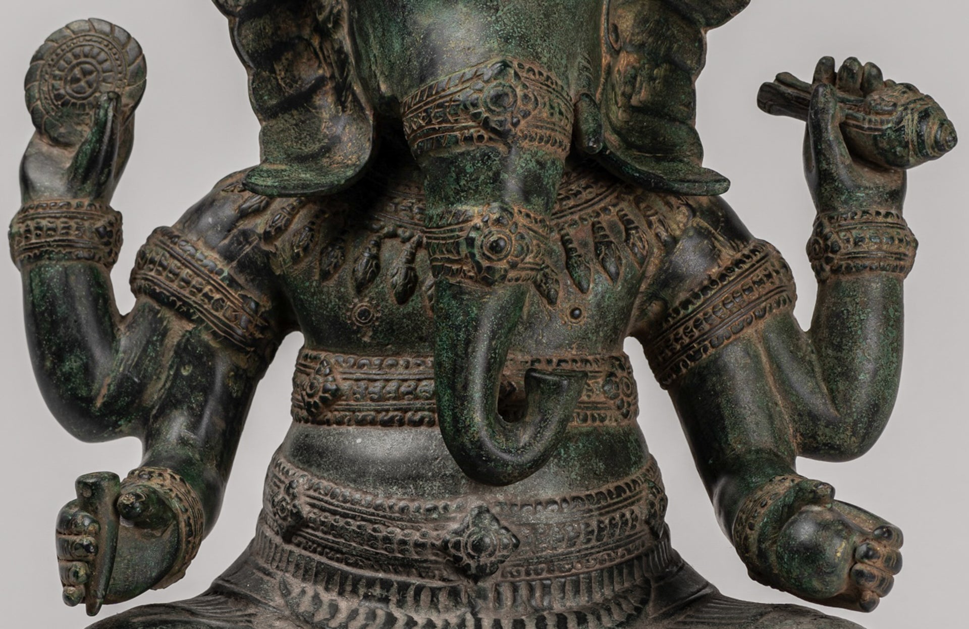 Ganesha Statue - Antique Khmer Style Angkor Wat Bronze Seated Four Arm Ganesh Statue - 38cm/15"