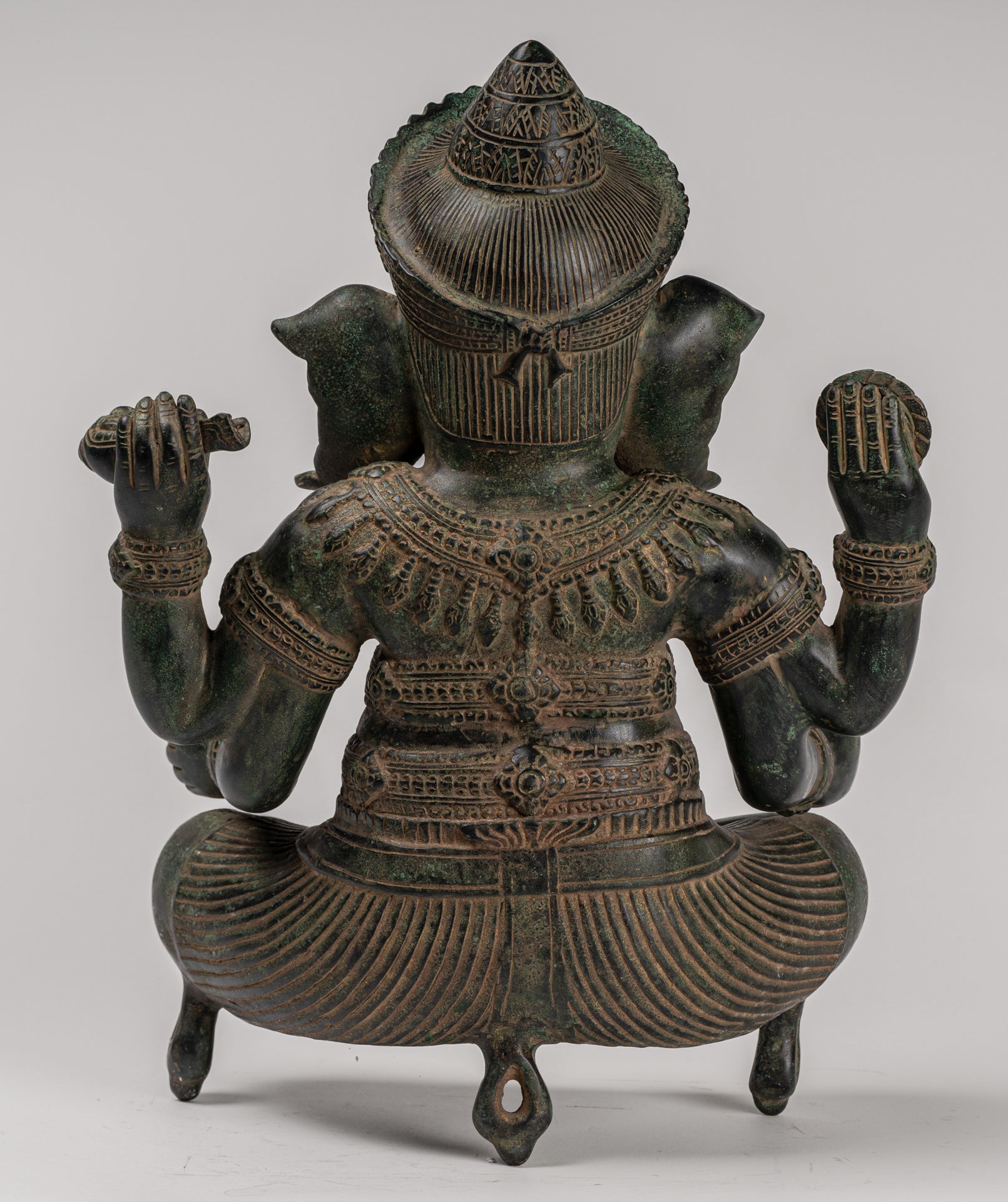 Ganesha Statue - Antique Khmer Style Angkor Wat Bronze Seated Four Arm Ganesh Statue - 38cm/15"