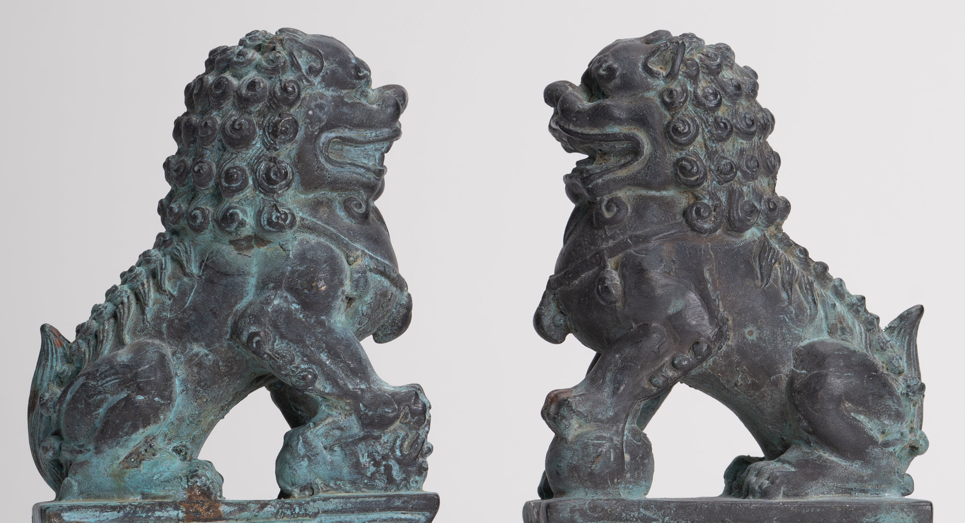 Antique Chinese Style Bronze Temple Guardian Lions Shishi Lions Foo Dogs Imperial Lions (Pair) - 16.5cm/7"