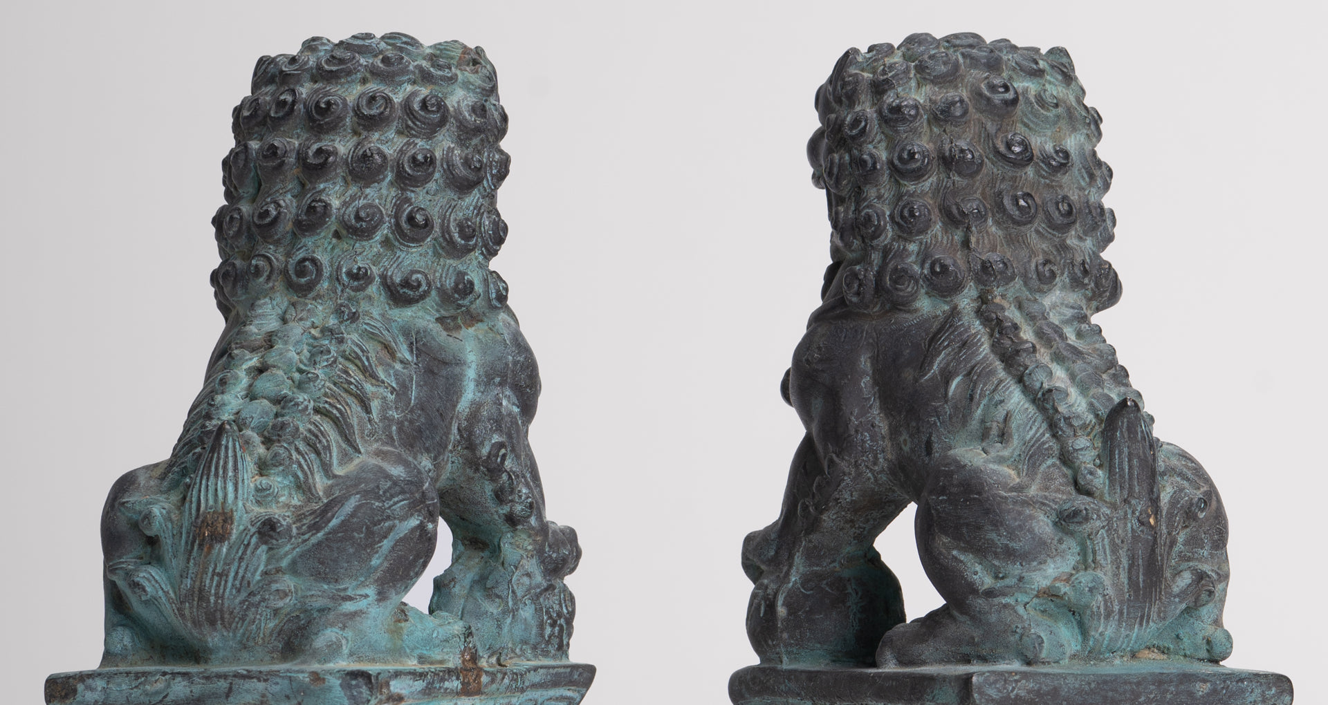 Antique Chinese Style Bronze Temple Guardian Lions Shishi Lions Foo Dogs Imperial Lions (Pair) - 16.5cm/7"