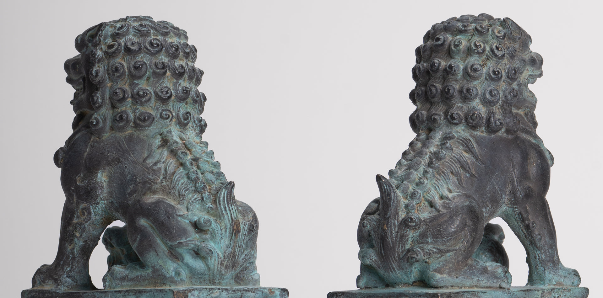 Antique Chinese Style Bronze Temple Guardian Lions Shishi Lions Foo Dogs Imperial Lions (Pair) - 16.5cm/7"