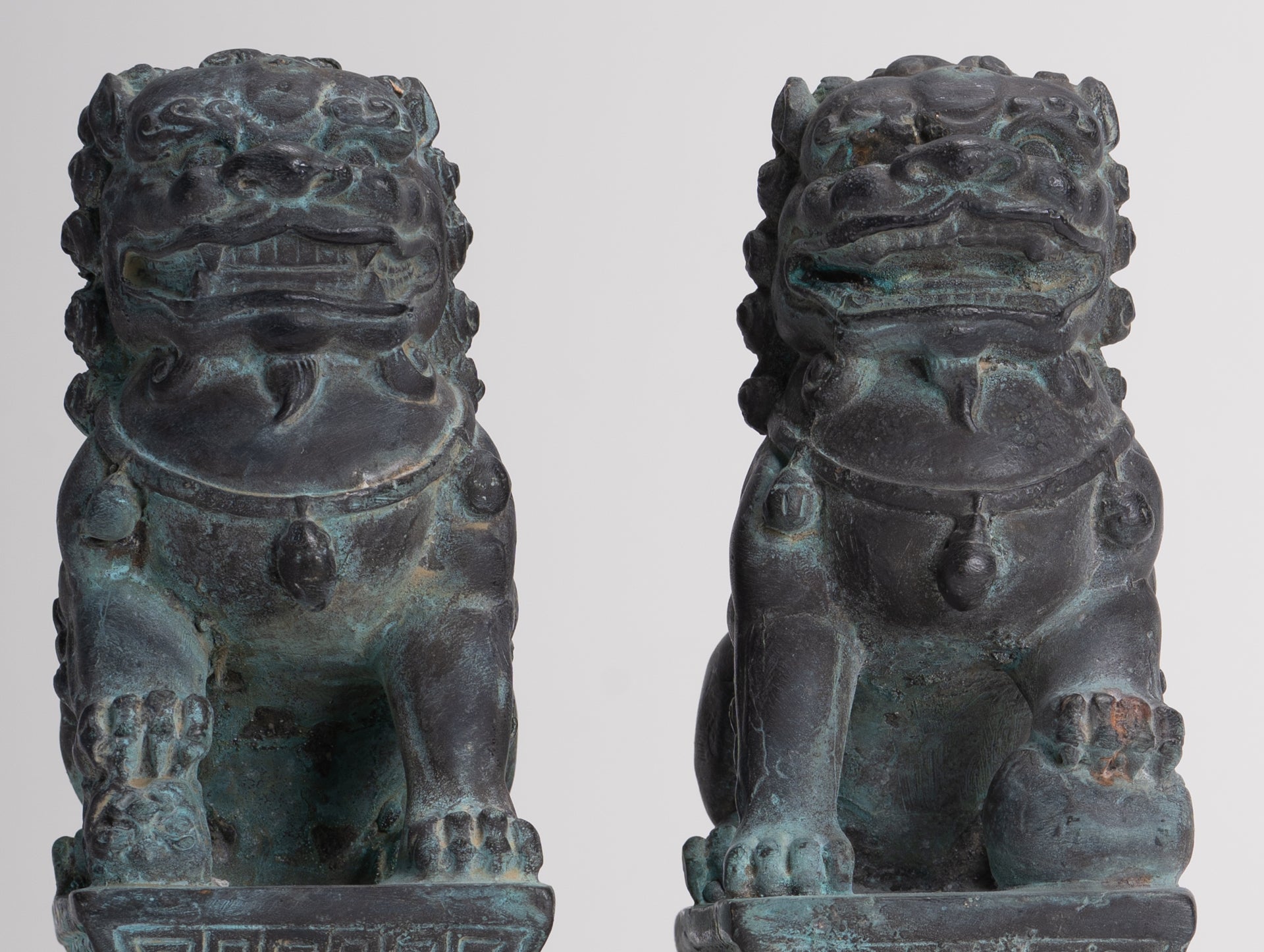 Antique Chinese Style Bronze Temple Guardian Lions Shishi Lions Foo Dogs Imperial Lions (Pair) - 16.5cm/7"