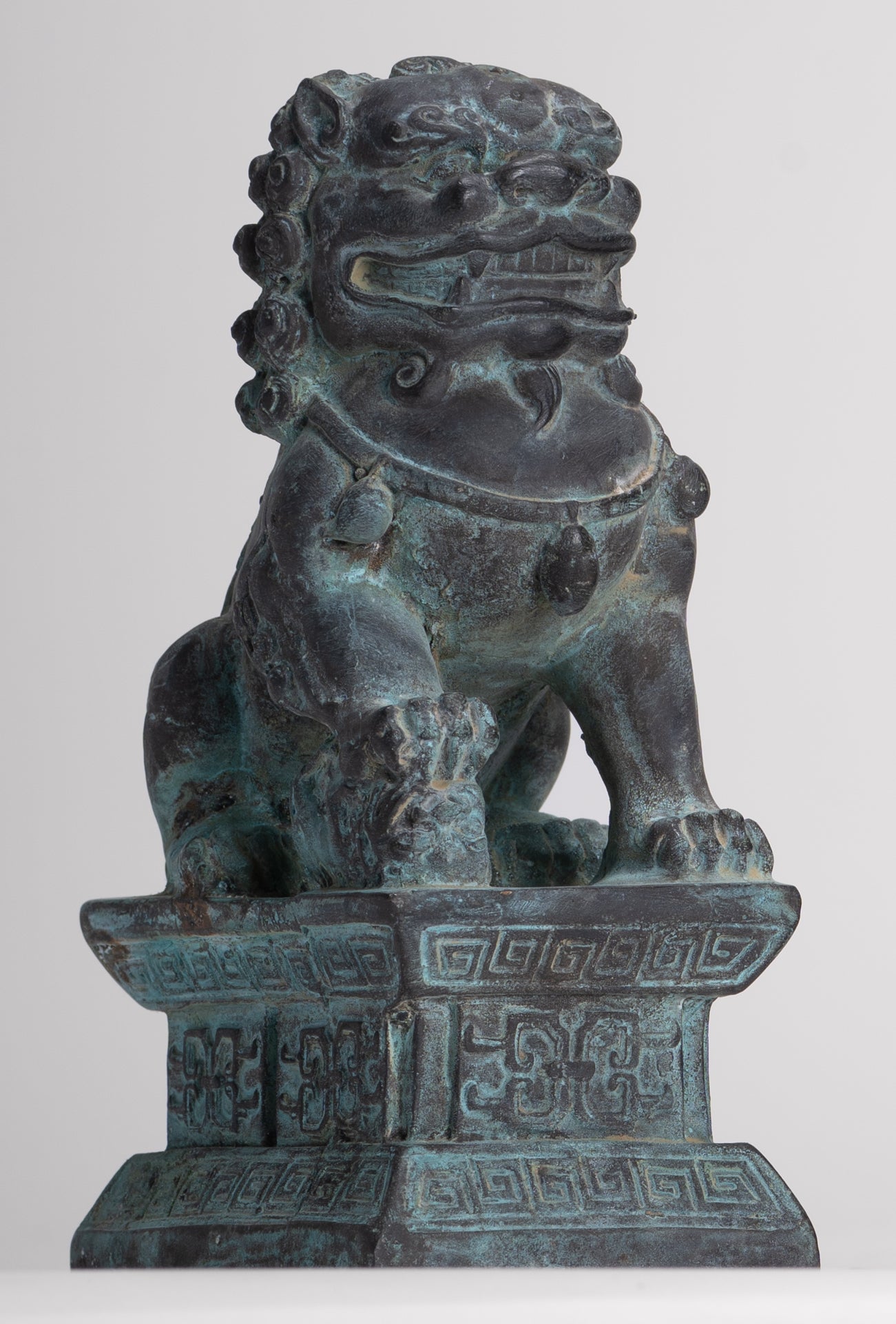 Antique Chinese Style Bronze Temple Guardian Lions Shishi Lions Foo Dogs Imperial Lions (Pair) - 16.5cm/7"