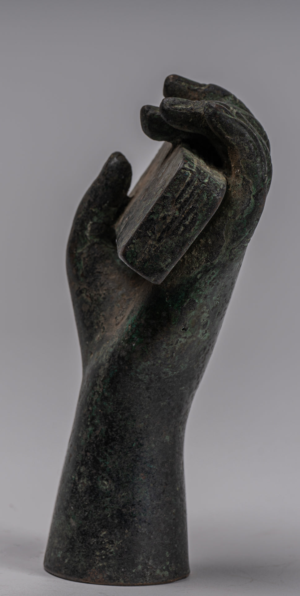 Free Standing Antique Khmer Style Southeast Asia Bronze Hand & Sutra - 16cm/6"