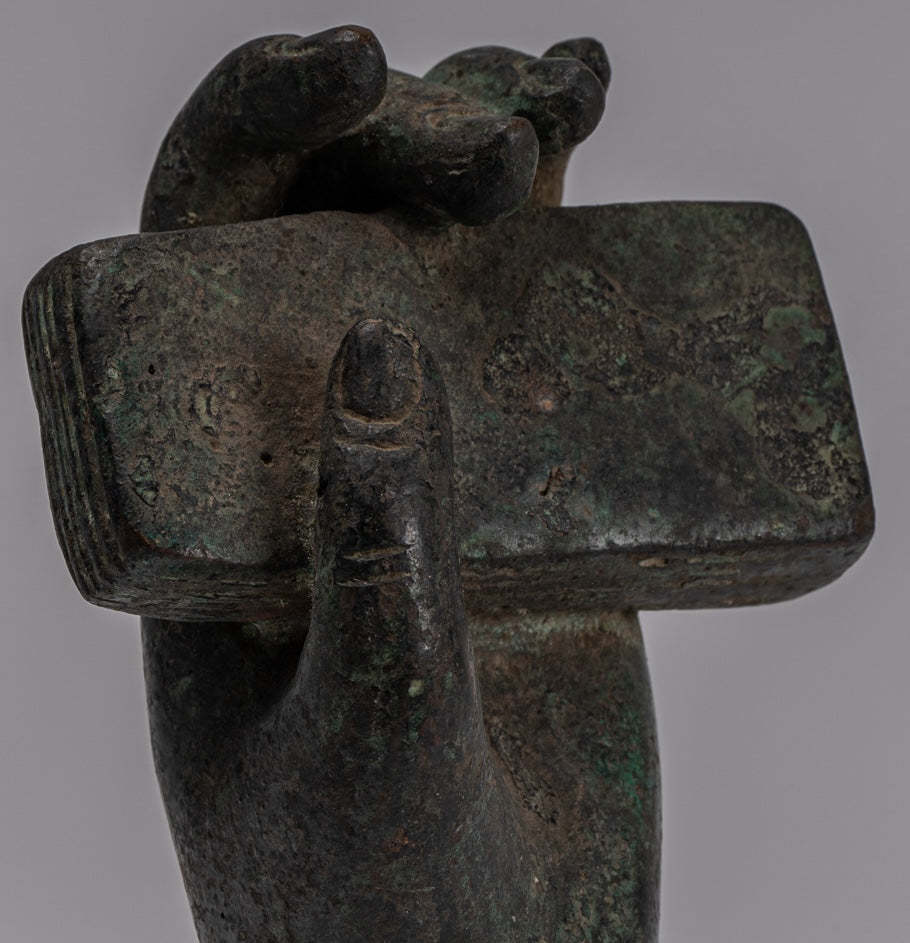 Free Standing Antique Khmer Style Southeast Asia Bronze Hand & Sutra - 16cm/6"