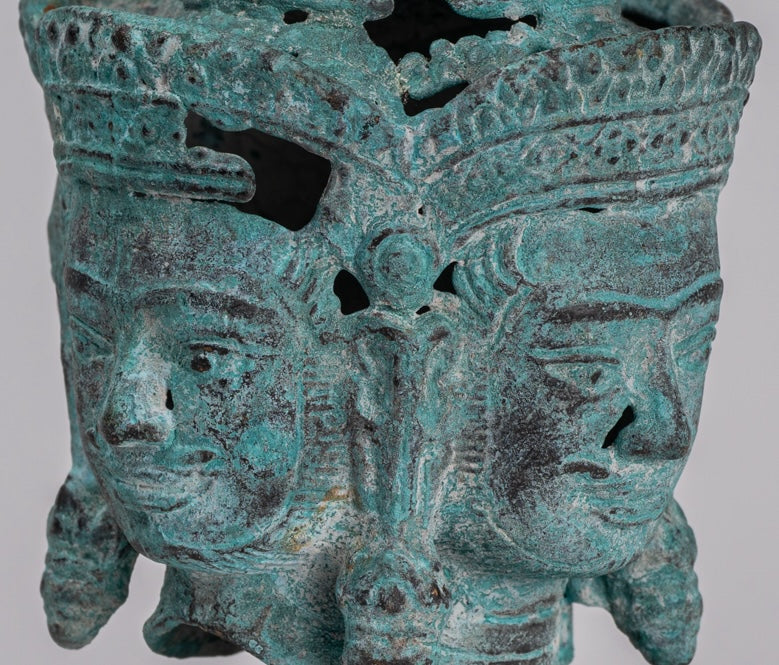 Estatua de Brahma - Cabeza de bronce de bronce montado en el estilo jemer antiguo - Creación de dios hindú - 18 cm/7 "