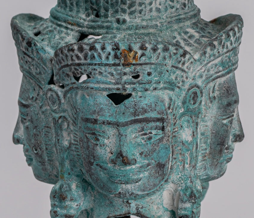 Estatua de Brahma - Cabeza de bronce de bronce montado en el estilo jemer antiguo - Creación de dios hindú - 18 cm/7 "