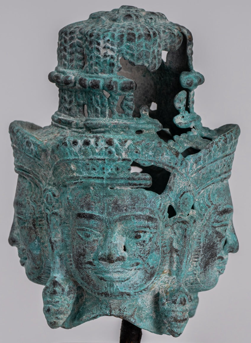 Estatua de Brahma - Cabeza de bronce de bronce montado en el estilo jemer antiguo - Creación de dios hindú - 18 cm/7 "