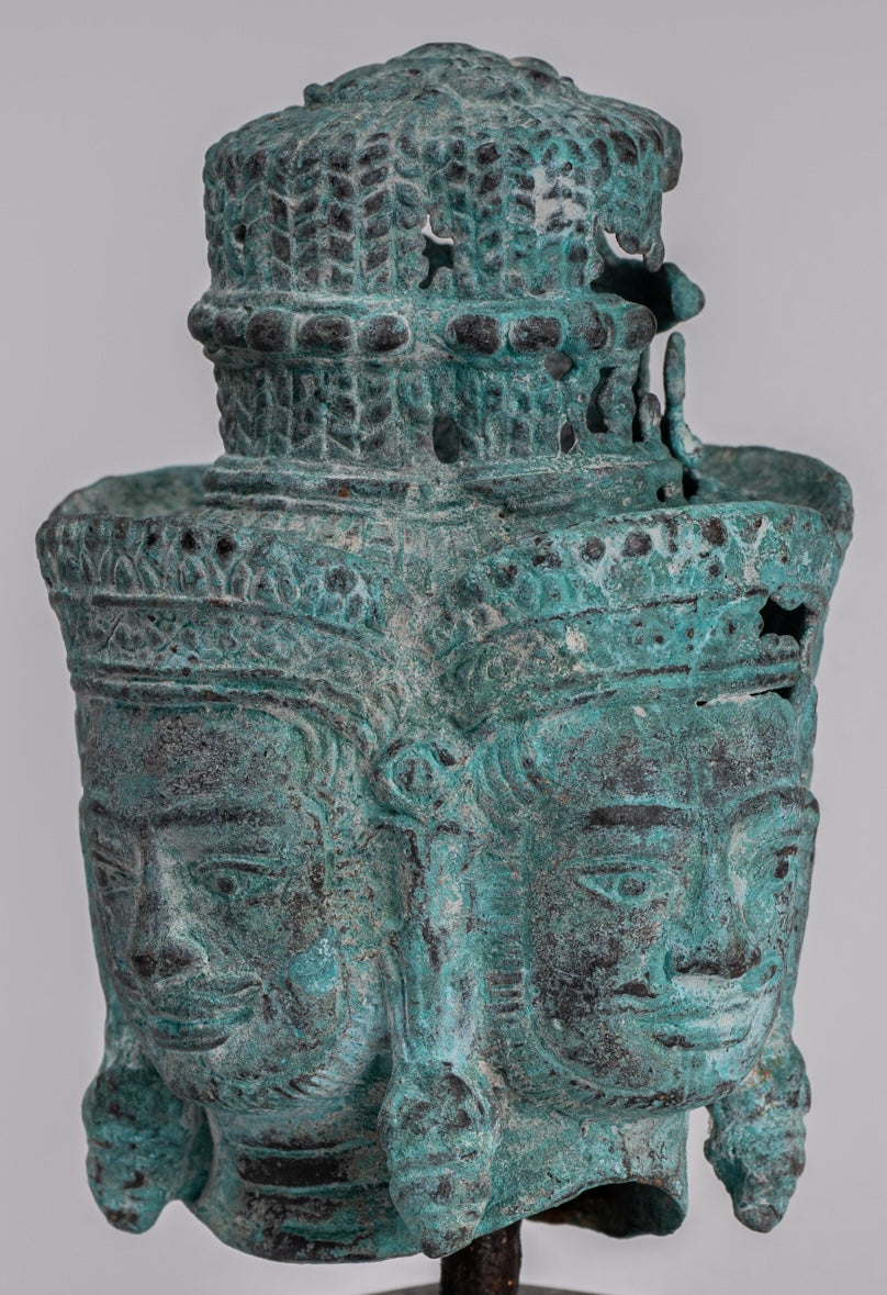 Estatua de Brahma - Cabeza de bronce de bronce montado en el estilo jemer antiguo - Creación de dios hindú - 18 cm/7 "