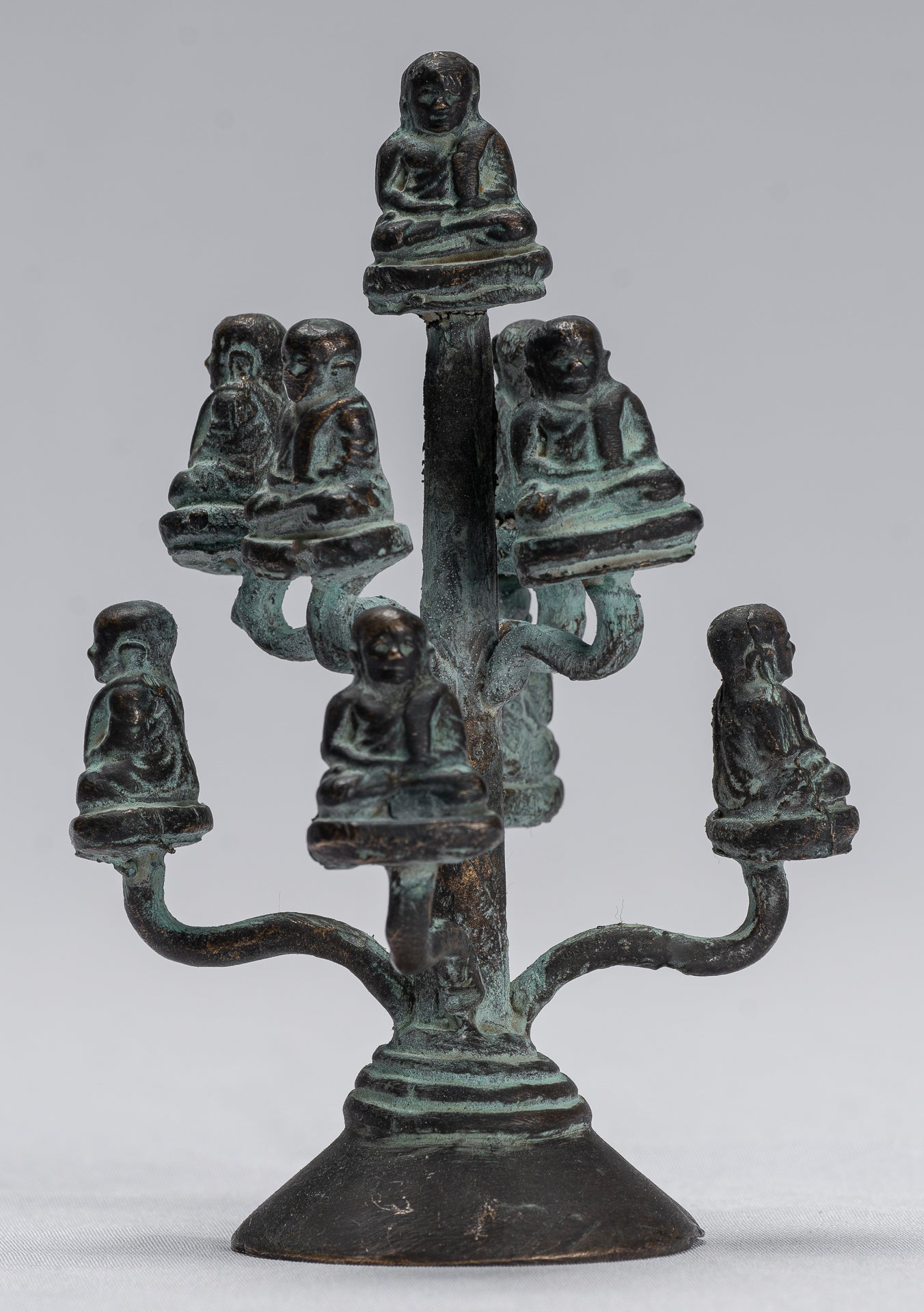 Buddha Sculpture - Antique Thai Style Bronze Happy, Fat, Laughing Buddha Budai Statues - 13cm/5"