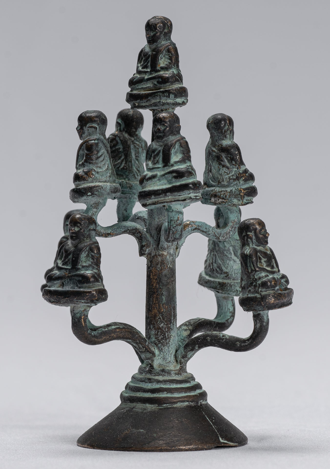 Buddha Sculpture - Antique Thai Style Bronze Happy, Fat, Laughing Buddha Budai Statues - 13cm/5"