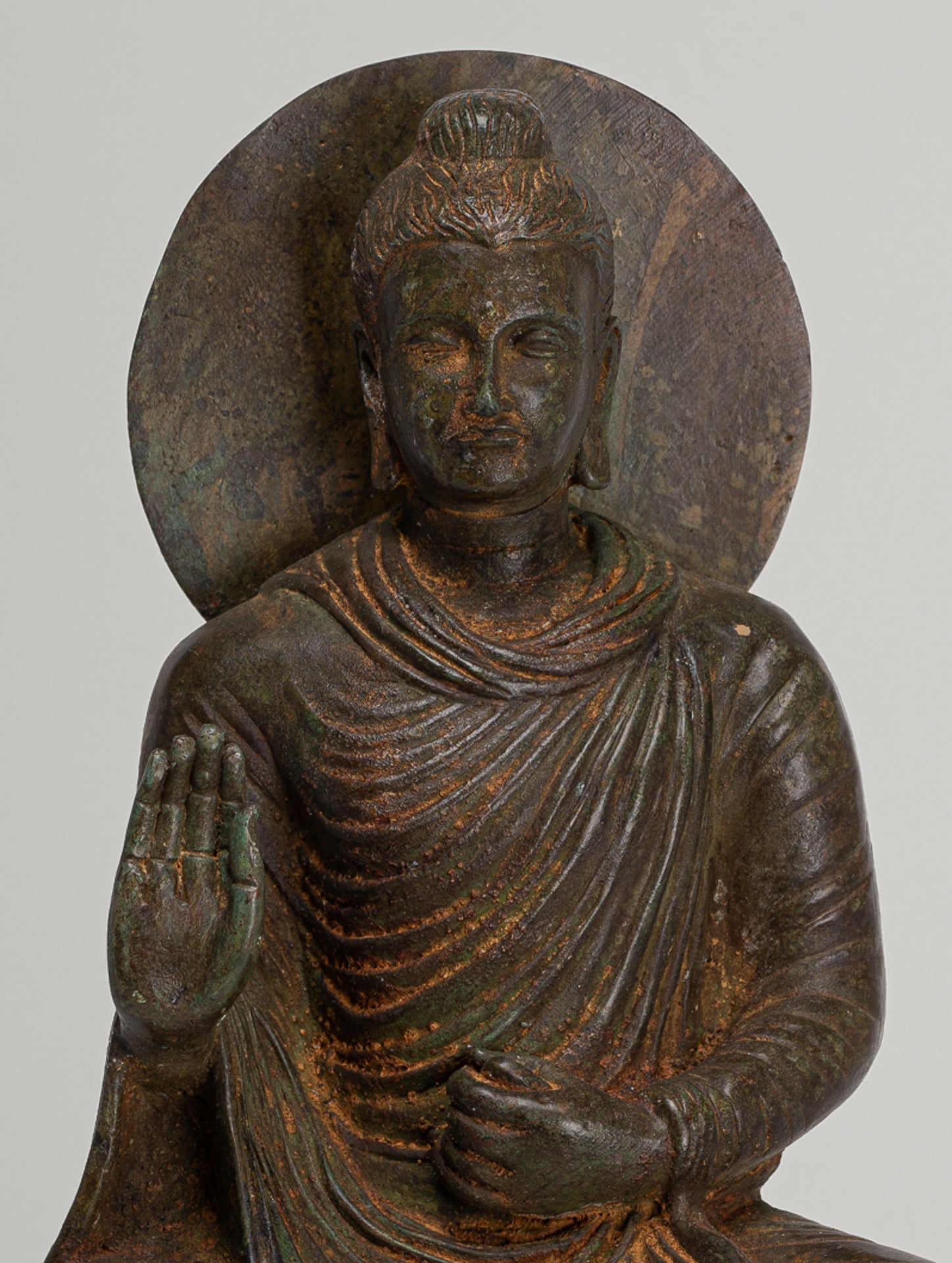 Indian Buddha Statue - Antique Gandhara Style Bronze Protection Buddha Statue - 35cm/14"