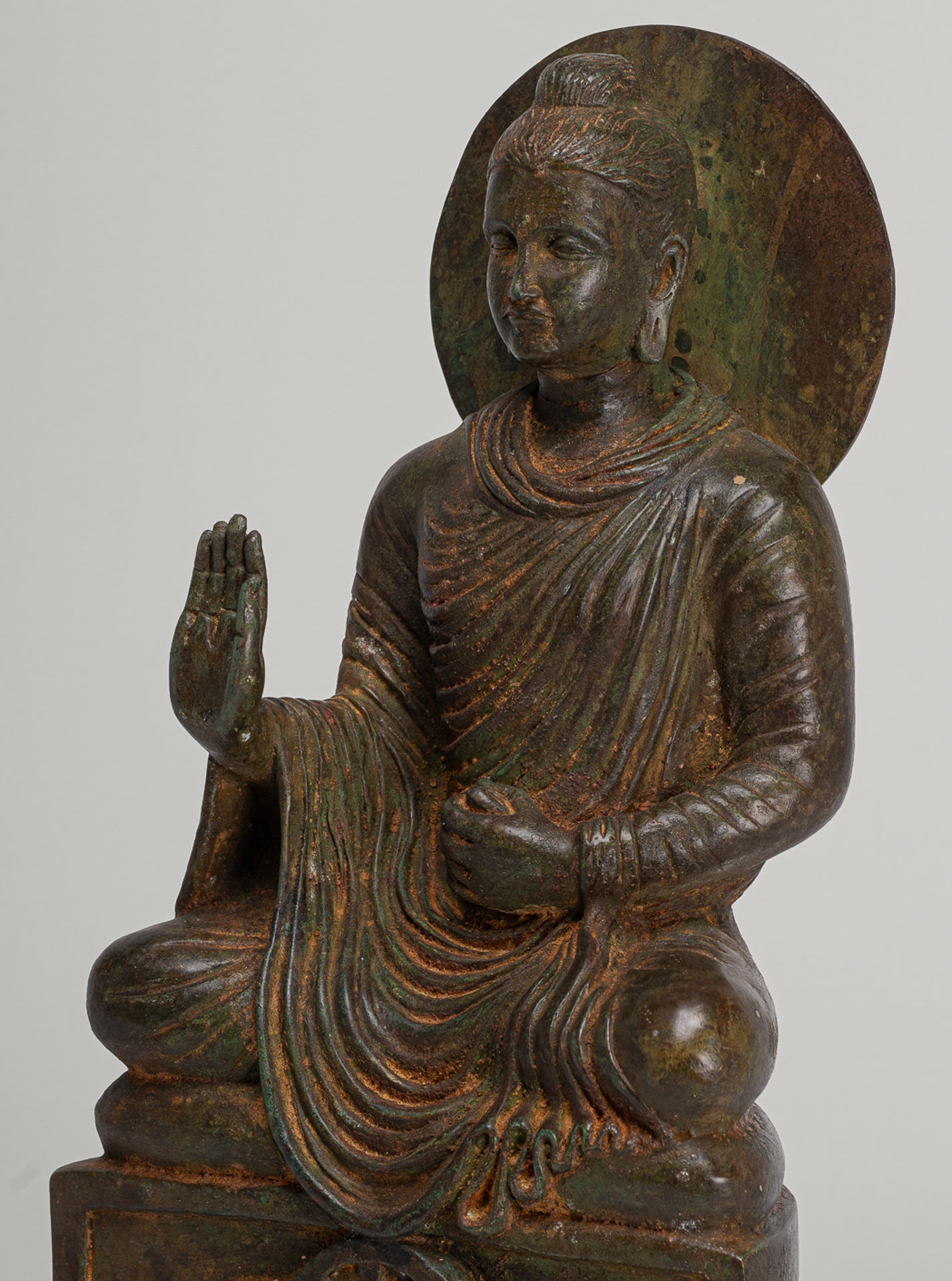 Indian Buddha Statue - Antique Gandhara Style Bronze Protection Buddha Statue - 35cm/14"