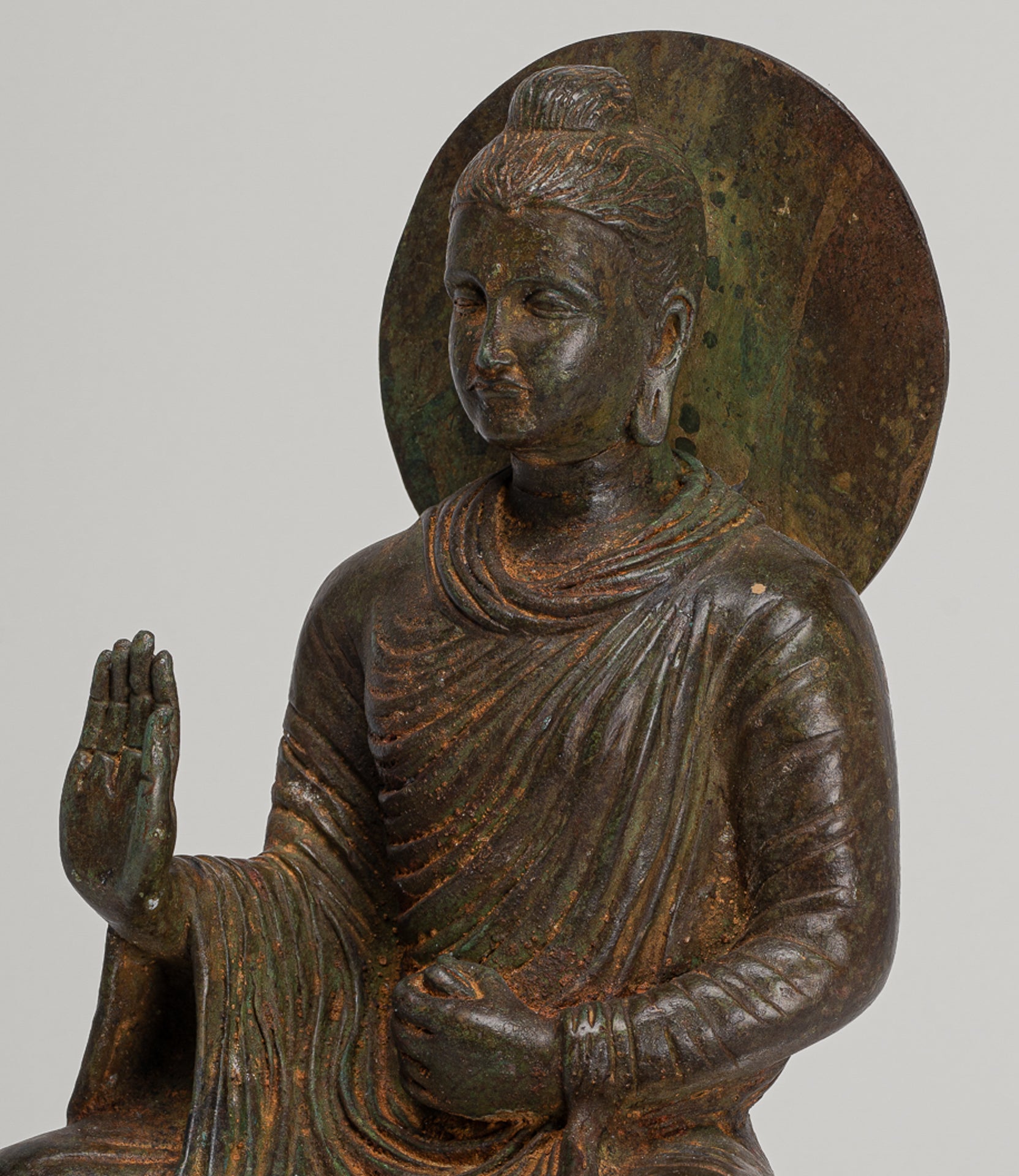 Indian Buddha Statue - Antique Gandhara Style Bronze Protection Buddha Statue - 35cm/14"