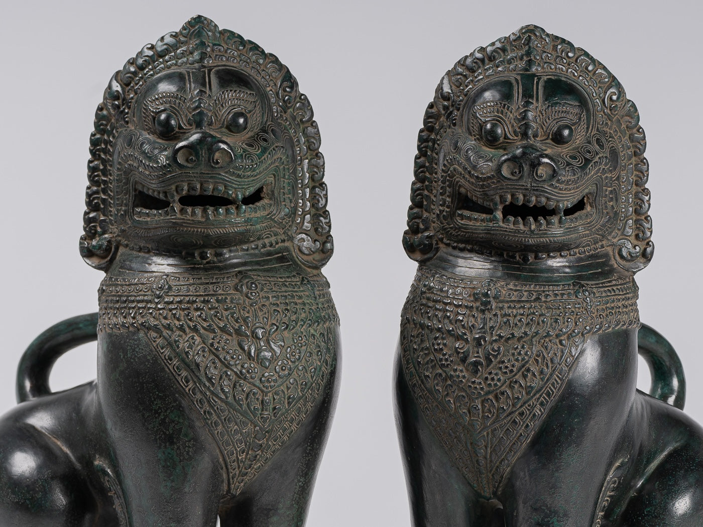 Temple Lions - Antique Khmer Style Bronze Standing Temple Guardians or Lions - 38cm/15"